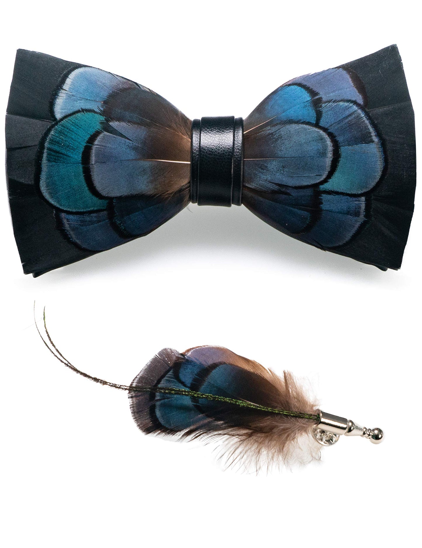 Handmade Feather Pre-tied Bow tie and Brooch Sets for Men