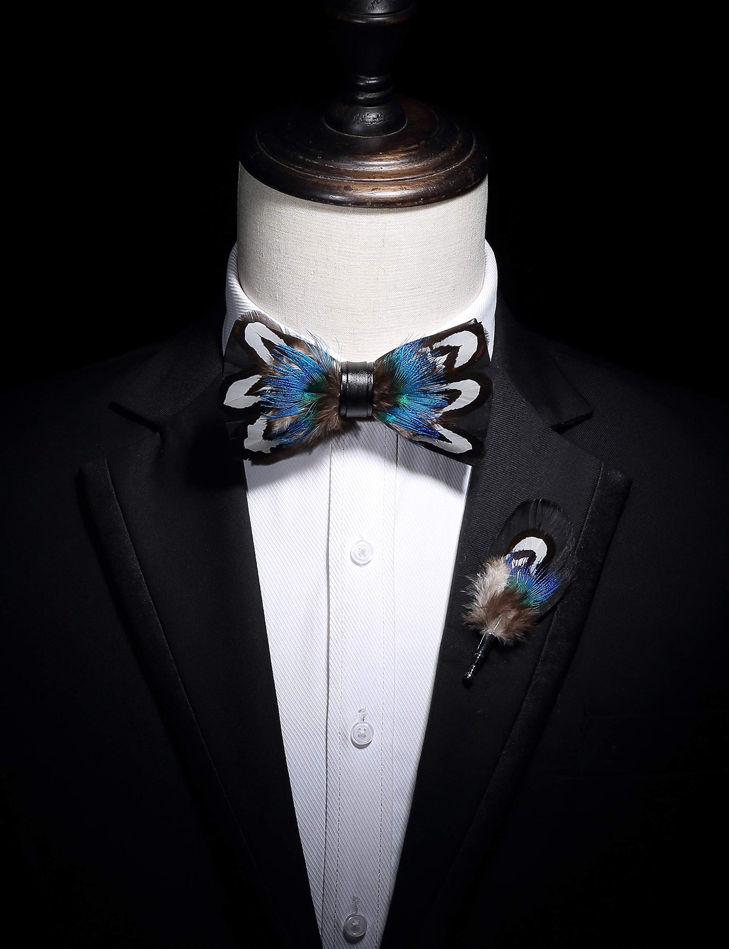 Handmade Feather Pre-tied Bow tie and Brooch Sets for Men