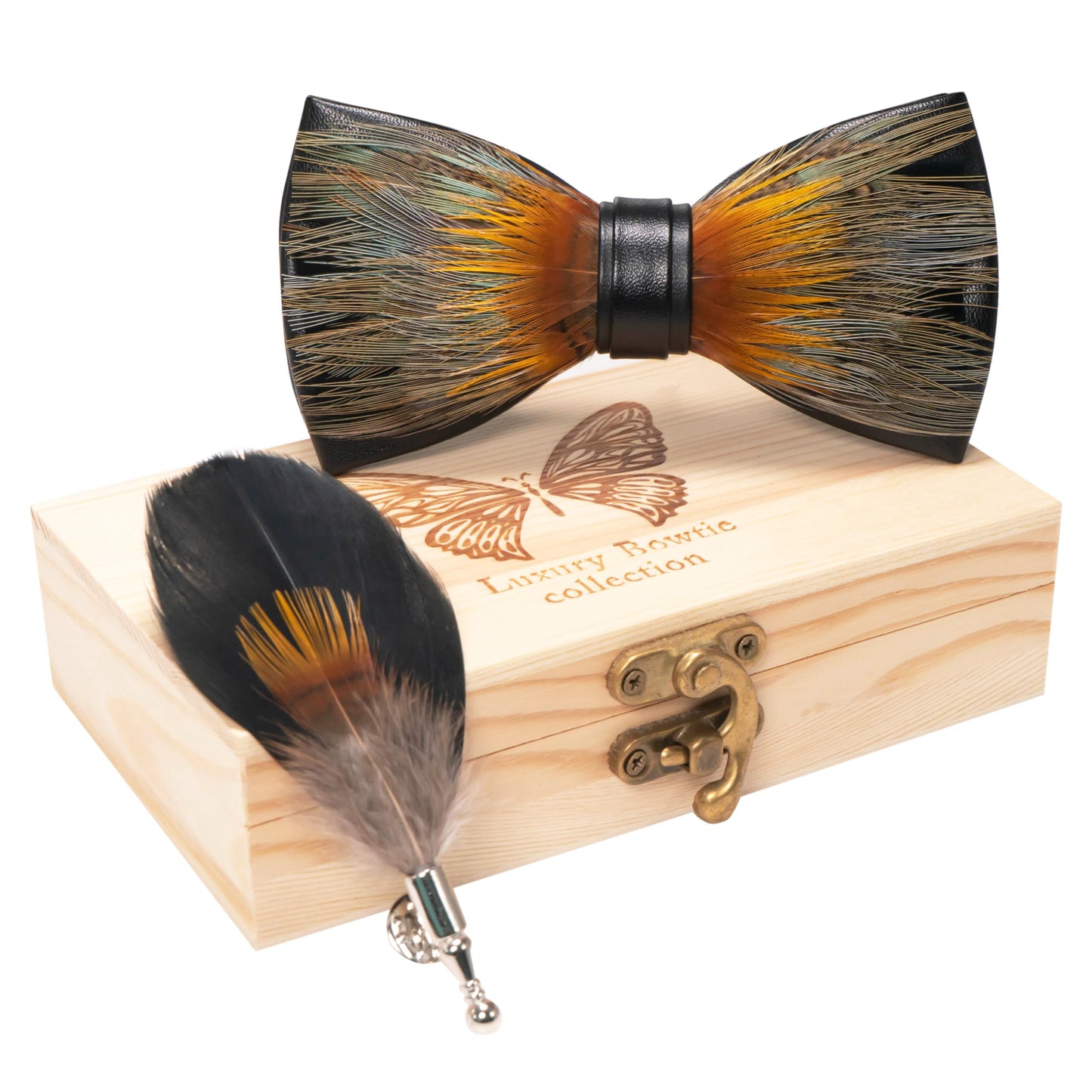 Handmade Feather Pre-tied Bow tie and Brooch Sets for Men
