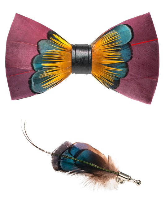 Handmade Feather Pre-tied Bow tie and Brooch Sets for Men