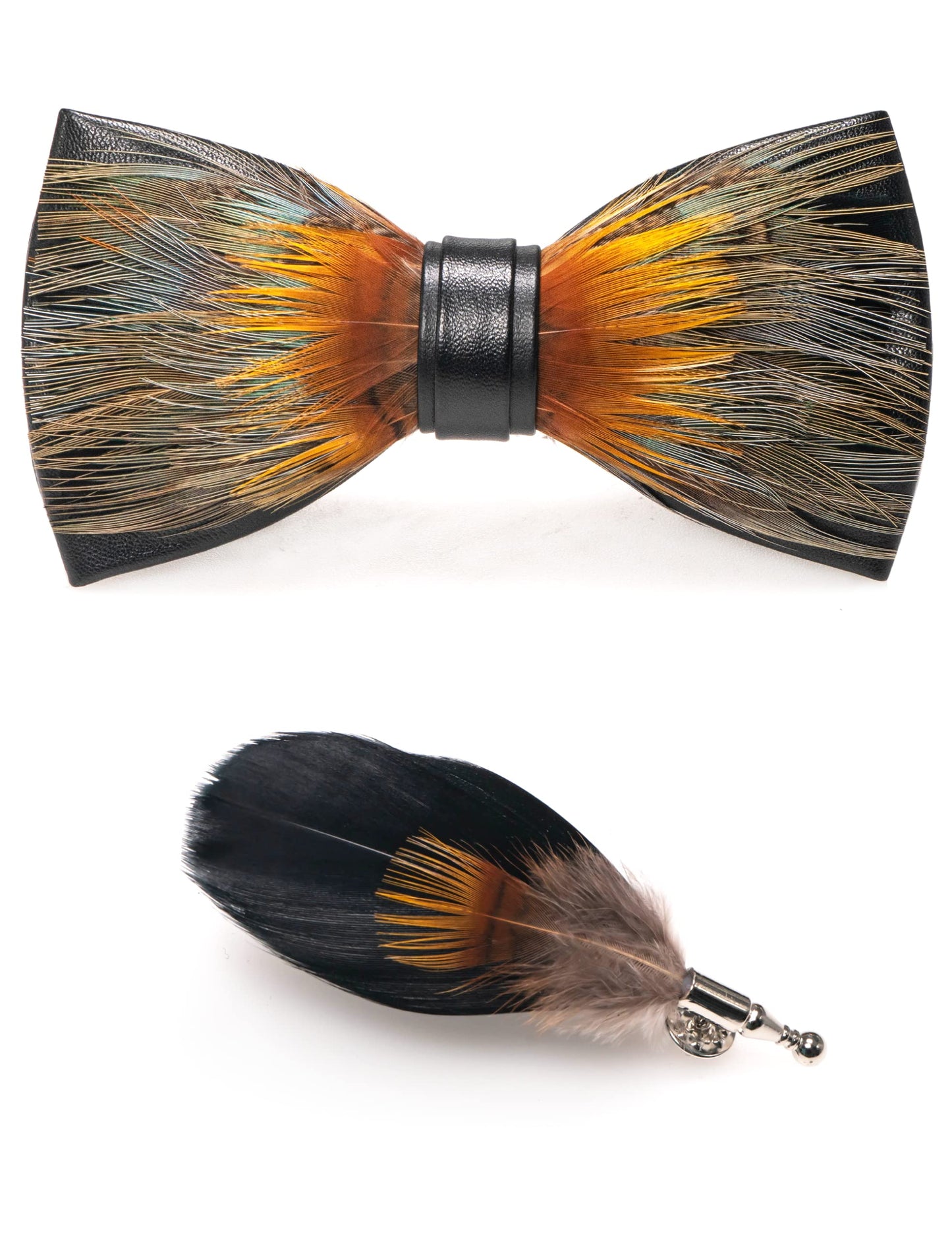 Handmade Feather Pre-tied Bow tie and Brooch Sets for Men