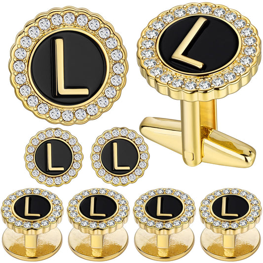 18K Gold Tone Initial Cufflinks for Men with Tuxedo Studs