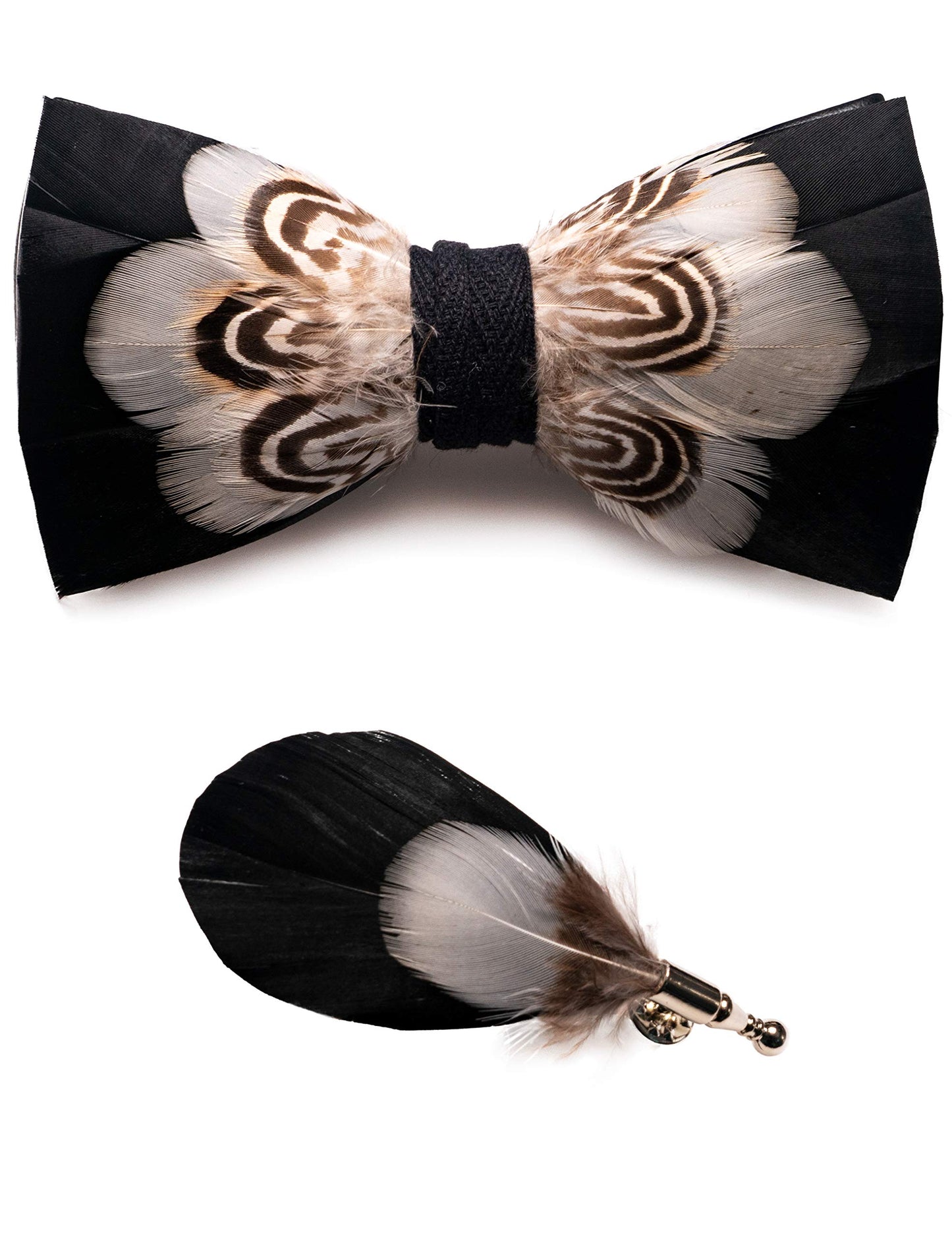 Handmade Feather Pre-tied Bow tie and Brooch Sets for Men