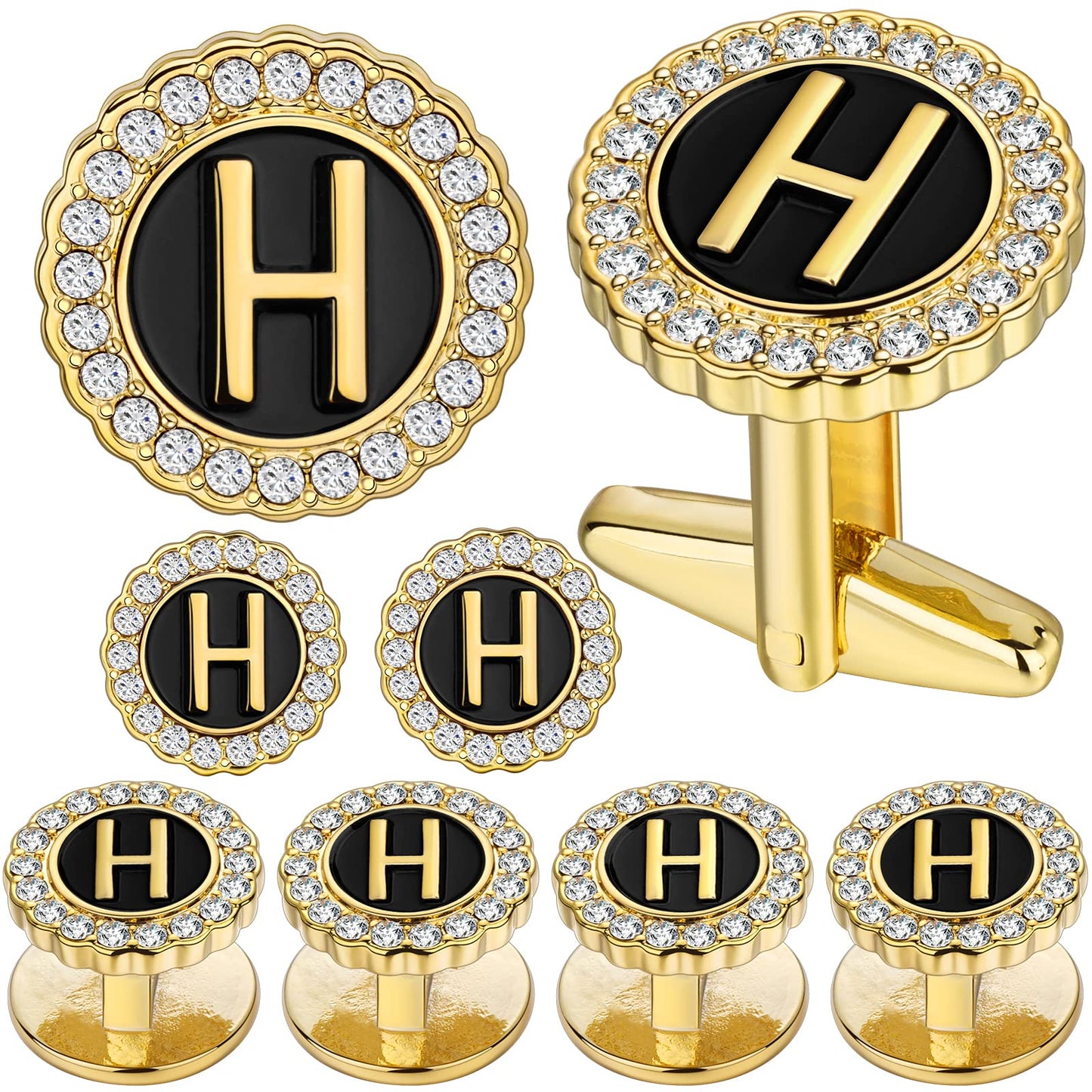 18K Gold Tone Initial Cufflinks for Men with Tuxedo Studs