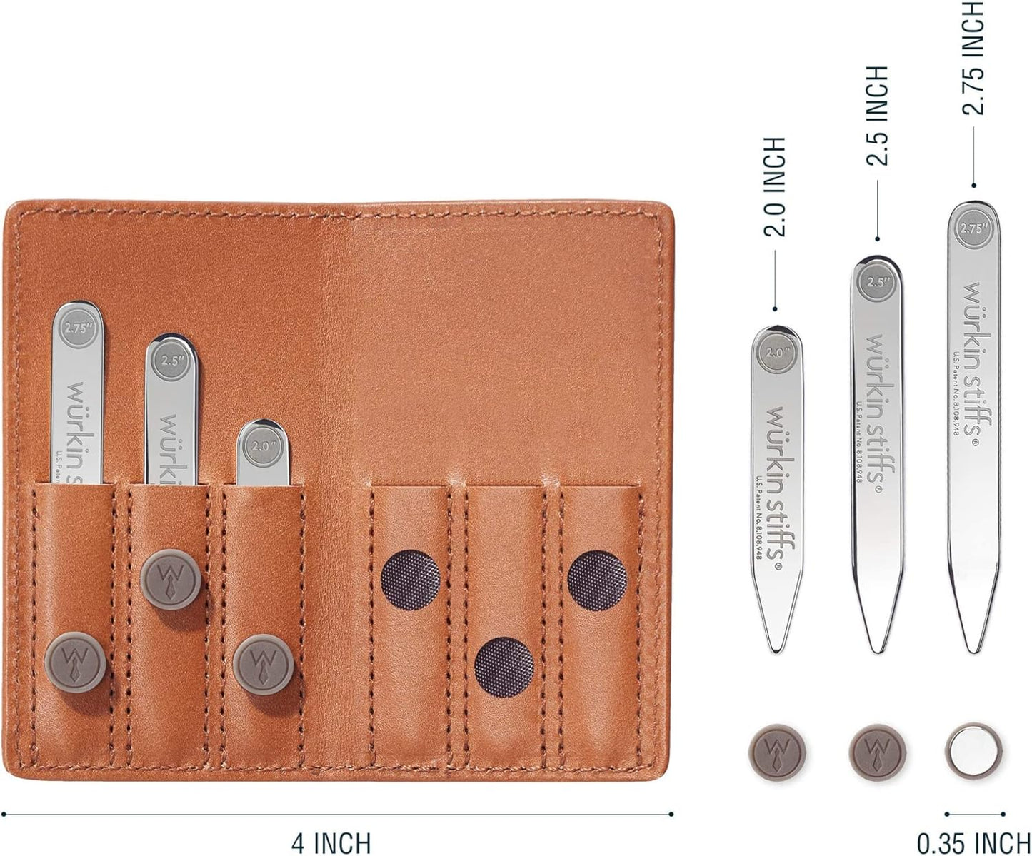 Würkin Stiffs Assorted Power Stays Magnet Collar Stay Travel Set | Tan Leather Wallet Case | Slim Tie Bar Clip Set | Set of 3 1.65" Brushed Finish Tie Clips | As Seen on Shark Tank