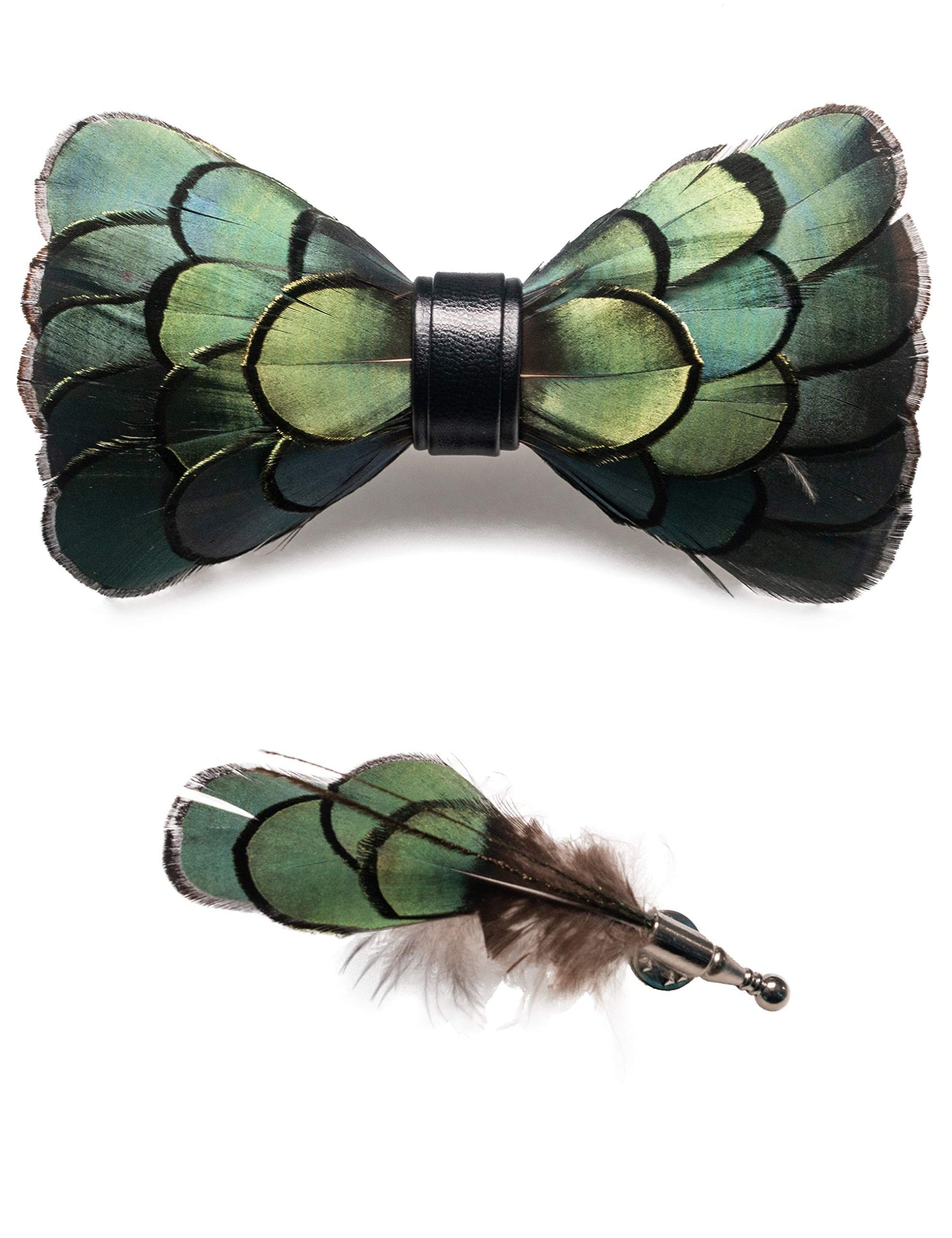 Handmade Feather Pre-tied Bow tie and Brooch Sets for Men