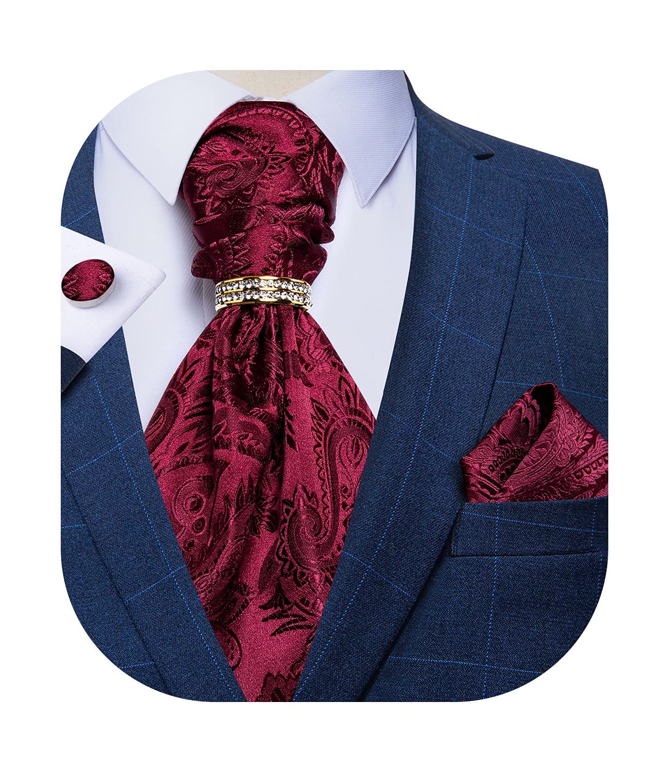 DiBanGu Paisley Ascot Ties for Men Silk Woven Cravat Tie and Pocket Square Cufflinks Set with Tie Ring for Wedding Party