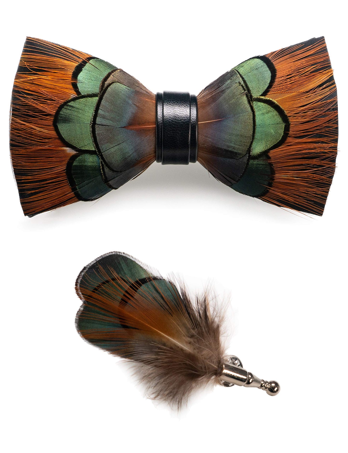 Handmade Feather Pre-tied Bow tie and Brooch Sets for Men