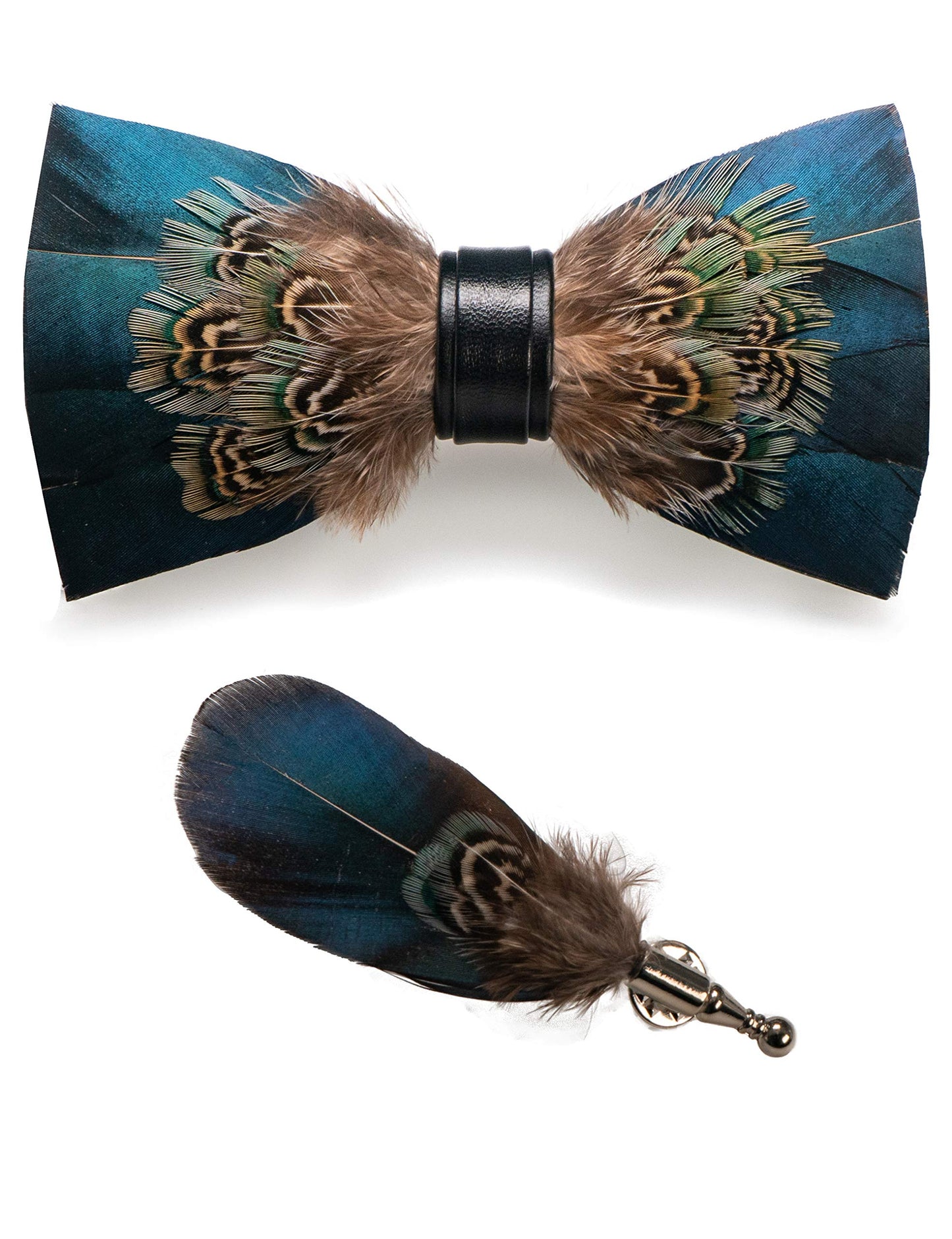 Handmade Feather Pre-tied Bow tie and Brooch Sets for Men