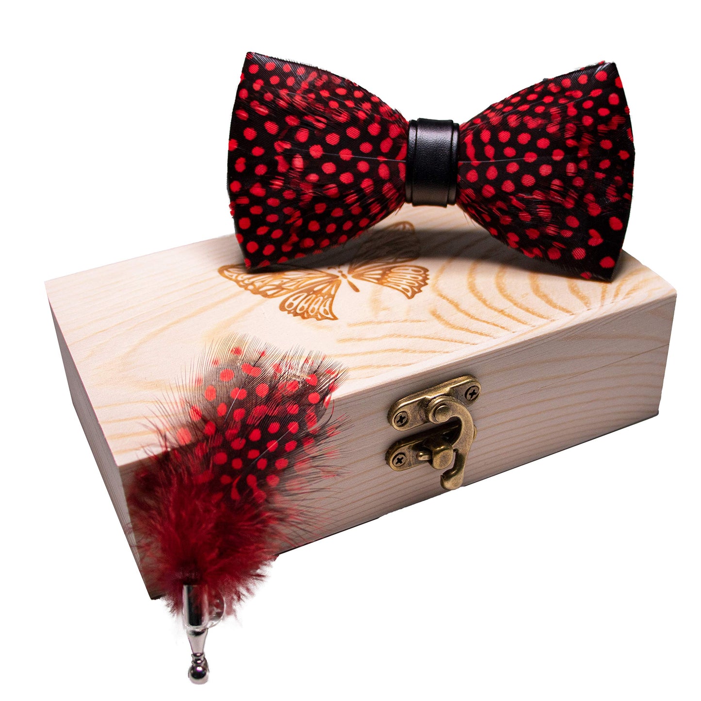Handmade Feather Pre-tied Bow tie and Brooch Sets for Men