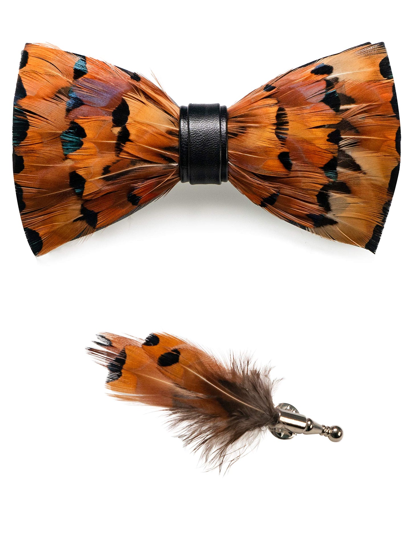 Handmade Feather Pre-tied Bow tie and Brooch Sets for Men