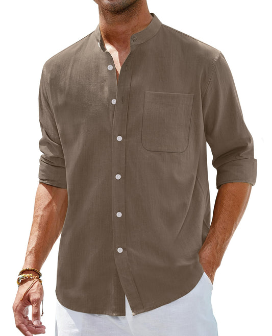 Alimens & Gentle Men's Cotton Linen Shirts Long Sleeve Button Down Shirt Band Collar Beach Shirts