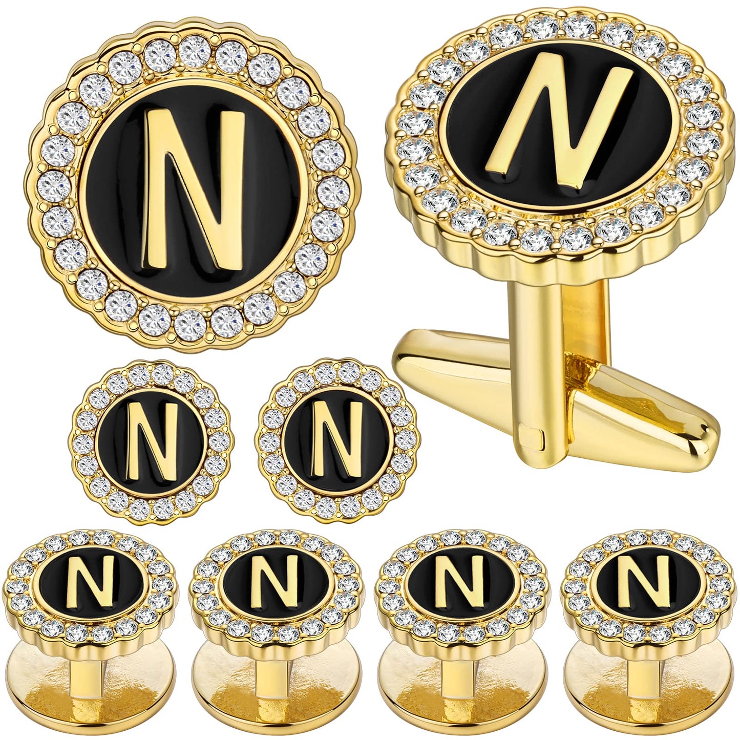 18K Gold Tone Initial Cufflinks for Men with Tuxedo Studs