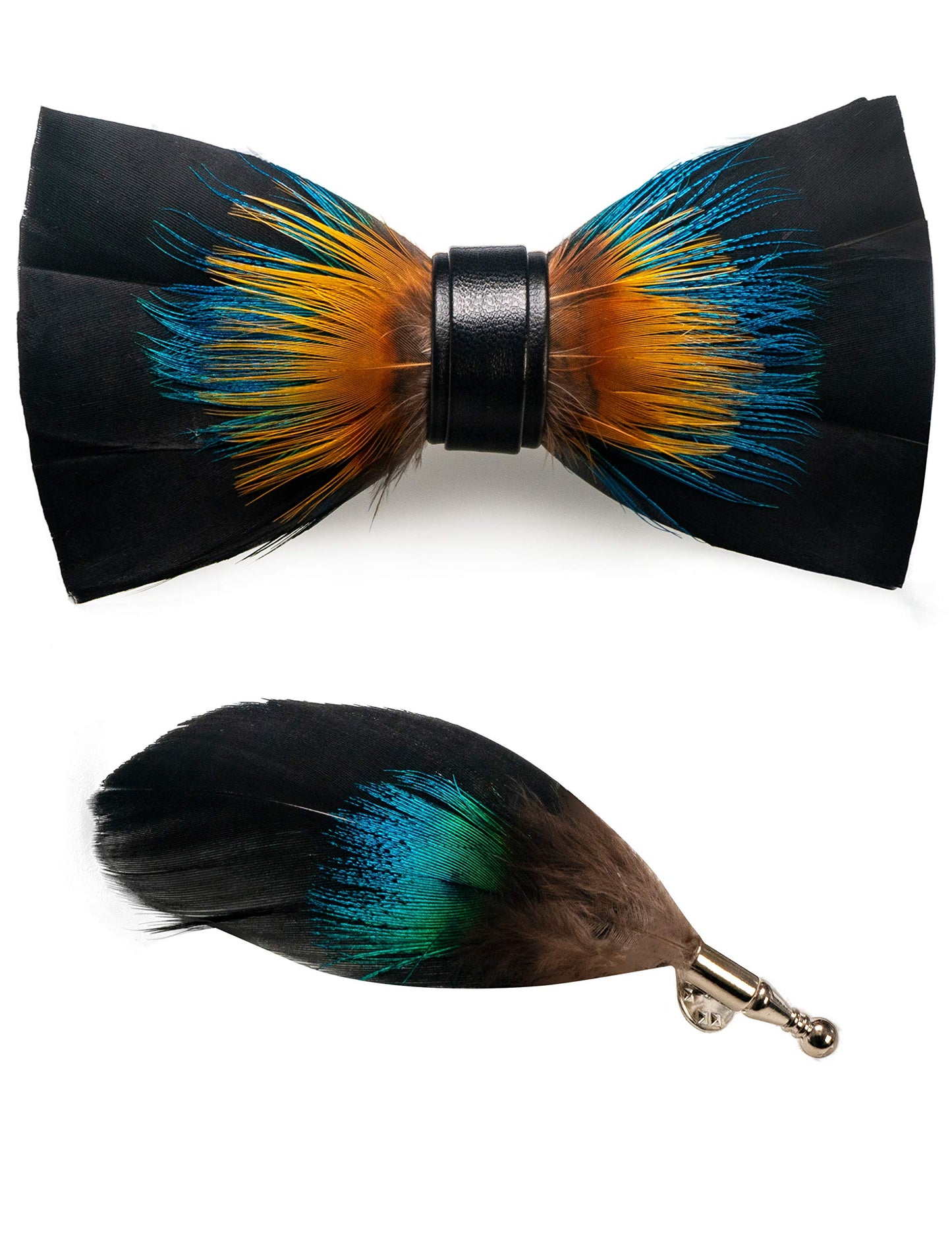 Handmade Feather Pre-tied Bow tie and Brooch Sets for Men