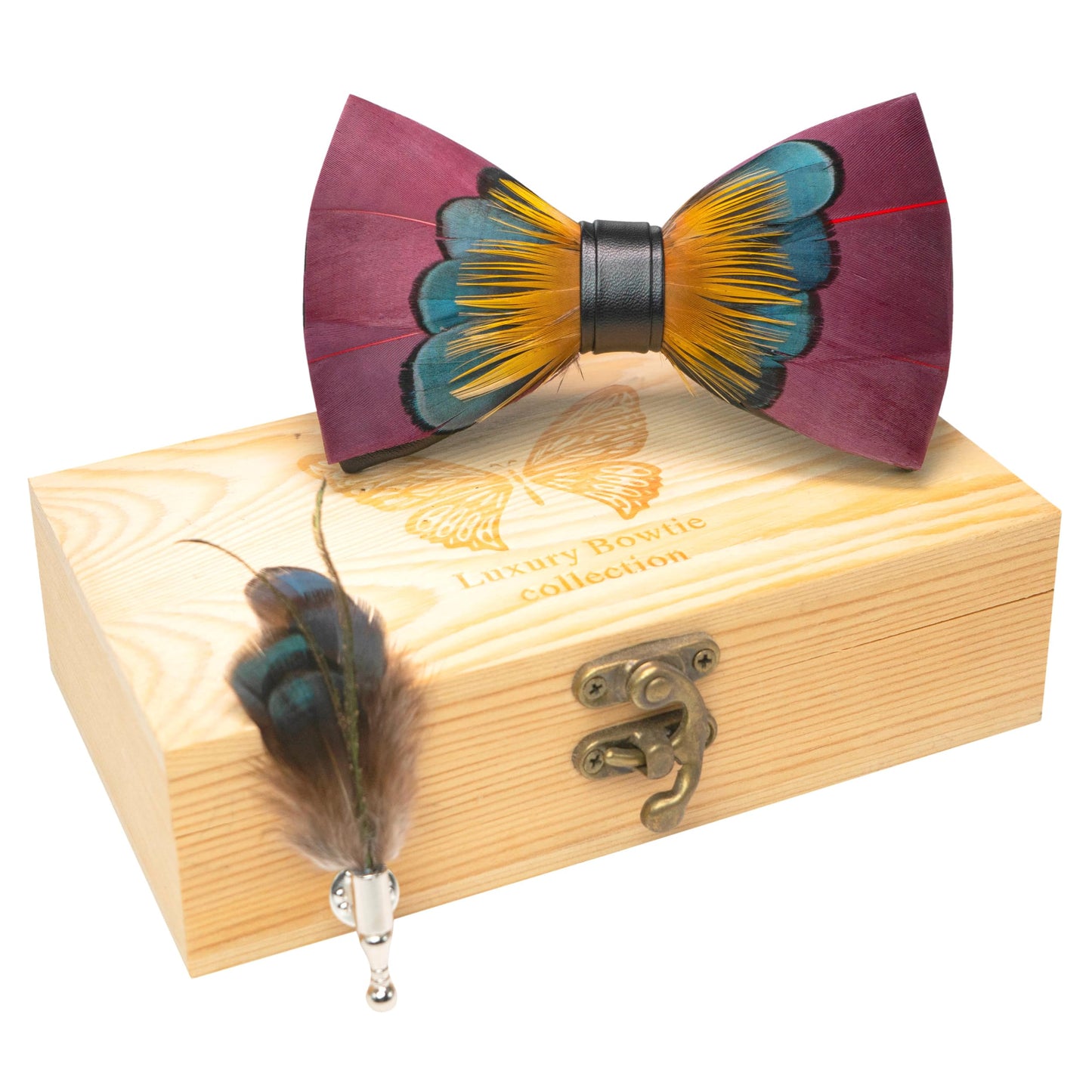 Handmade Feather Pre-tied Bow tie and Brooch Sets for Men