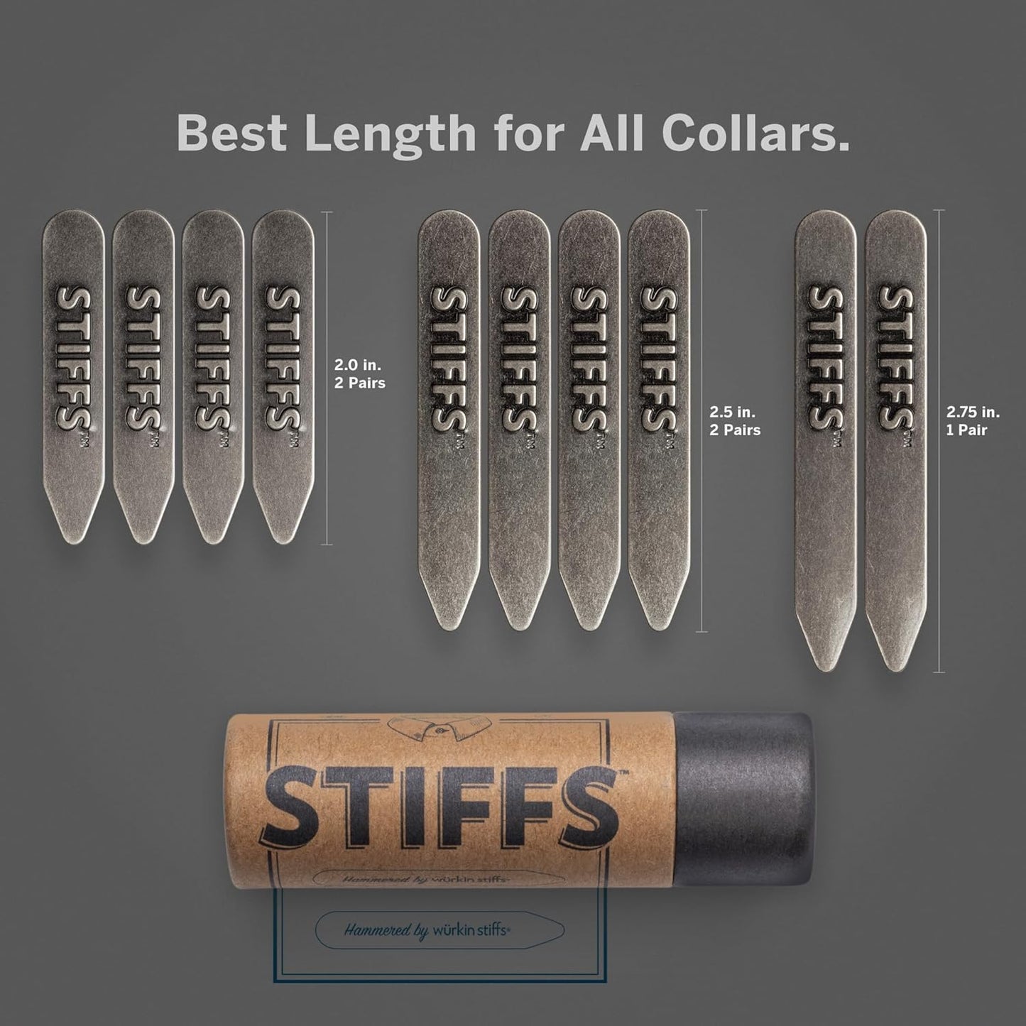 Würkin Stiffs 10-Pack Assorted Non-Magnetic Brass Collar Stays 5 Pair | Includes (4) 2.0” Stays, (4) 2.5” Stays, & (2) 2.75” Stays