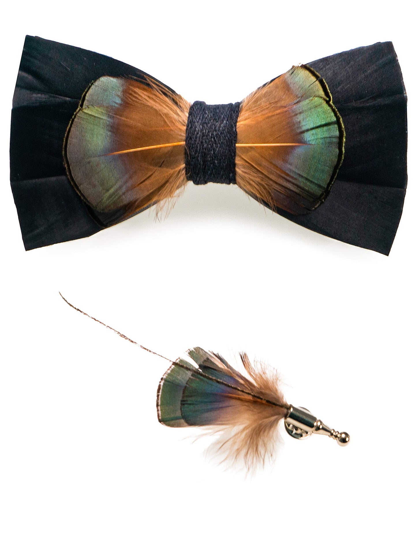 Handmade Feather Pre-tied Bow tie and Brooch Sets for Men