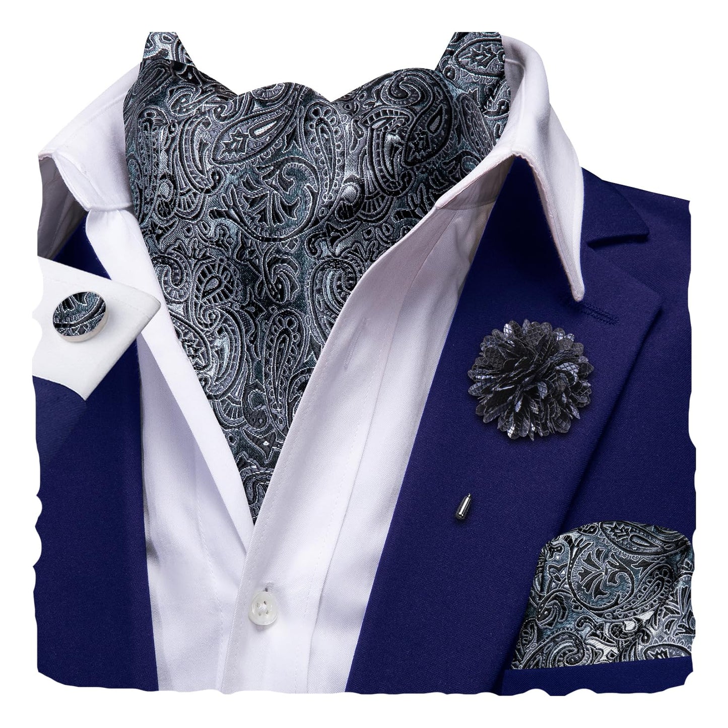 Ascot for Men Silk Cravat Handkerchief Cufflinks Lapel Pin Scarf Tie Sets Wedding Party Formal