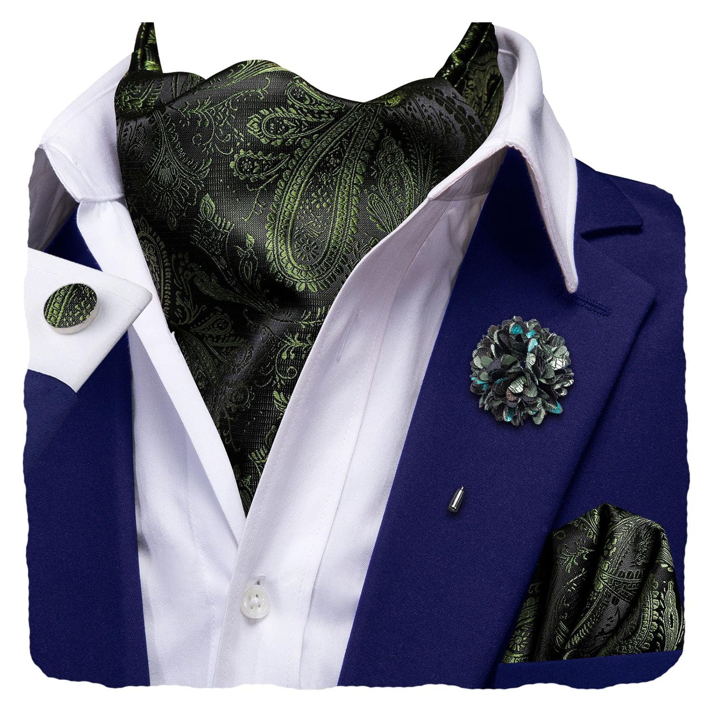 Silk Ascot for Men Self Tie Men's Cravat and Flower Lapel Pin Handkerchief Cufflinks Set for Wedding Party