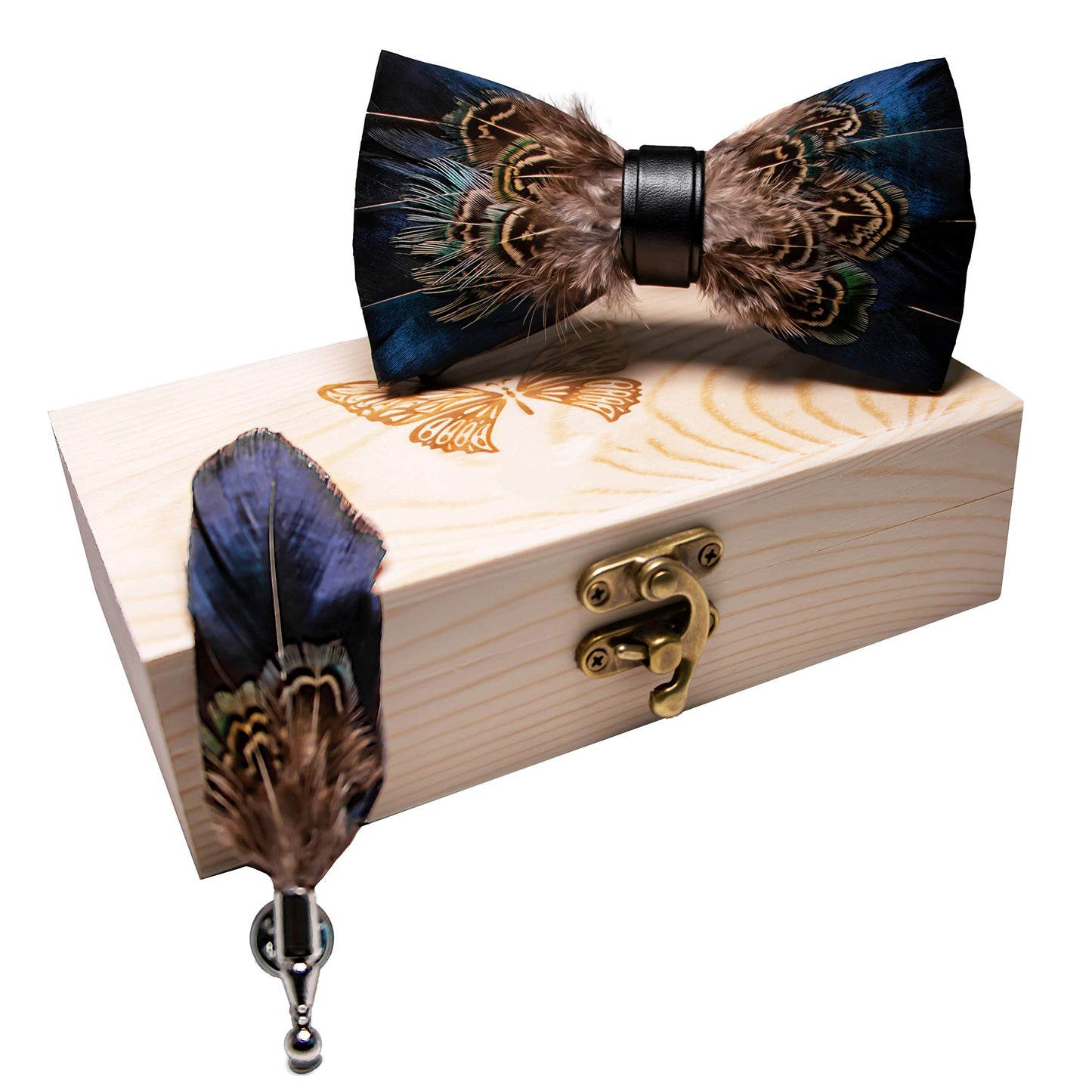 Handmade Feather Pre-tied Bow tie and Brooch Sets for Men