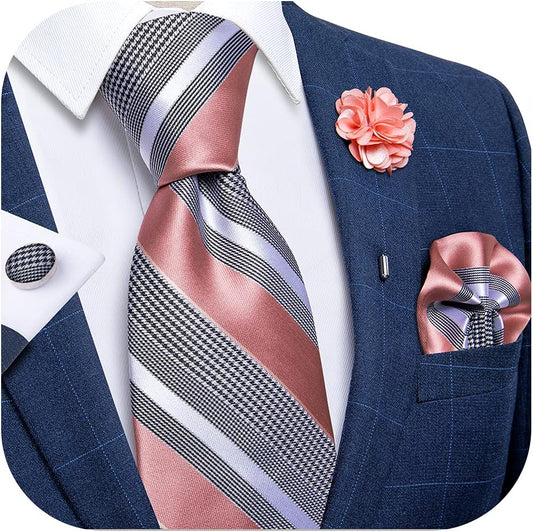 Silk Ties for Men Necktie and Lapel Pin Brooch Set Formal Woven Paisley Plaid Striped Solid Tie Wedding Party