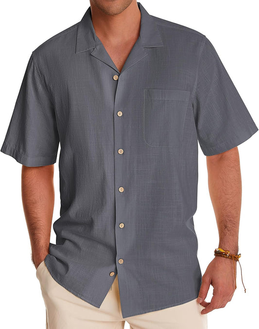 Alimens & Gentle Cuban Linen Shirts for Men Short Sleeve Button Down Shirt Cotton Summer Beach Camp Vacation Hawaiian Shirts