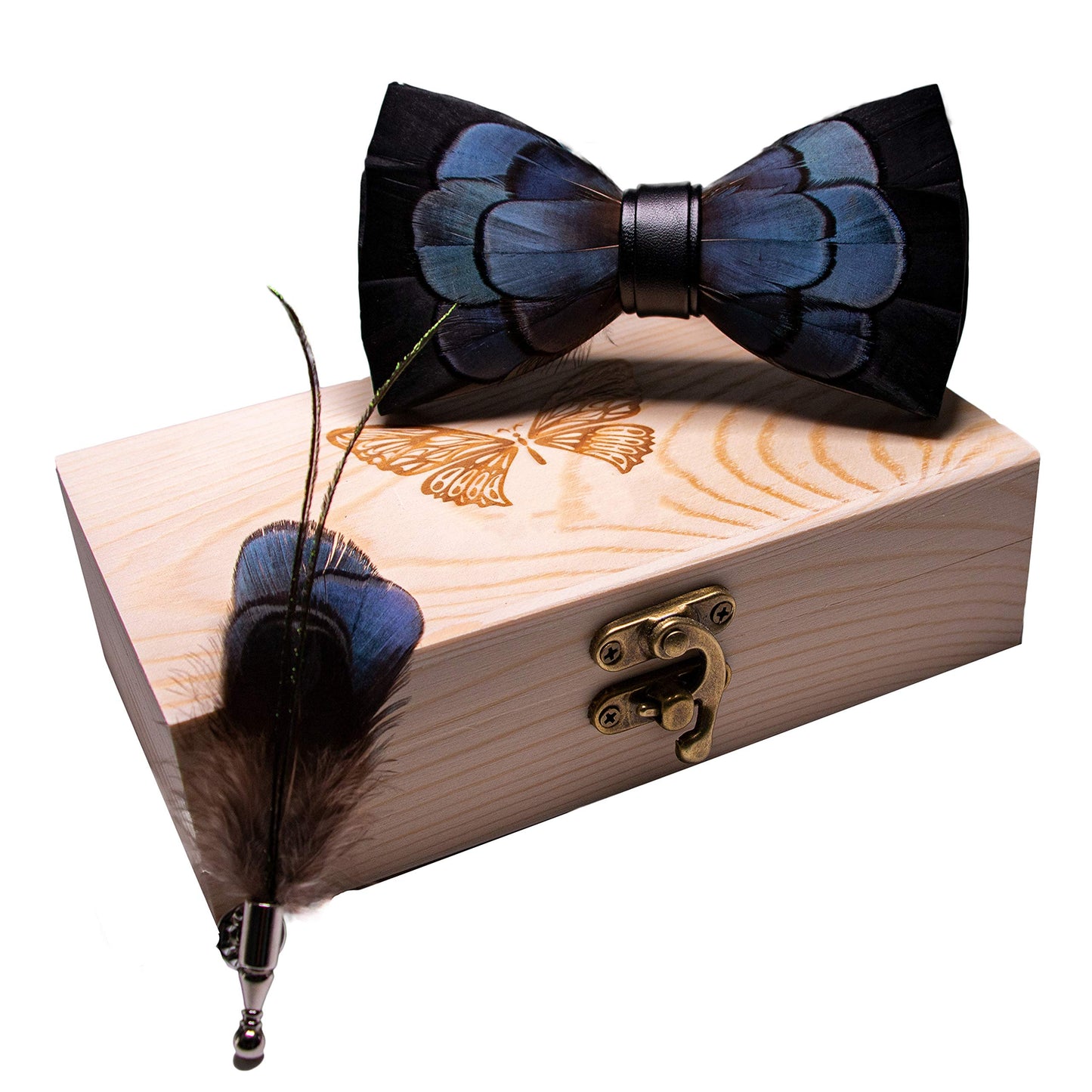 Handmade Feather Pre-tied Bow tie and Brooch Sets for Men