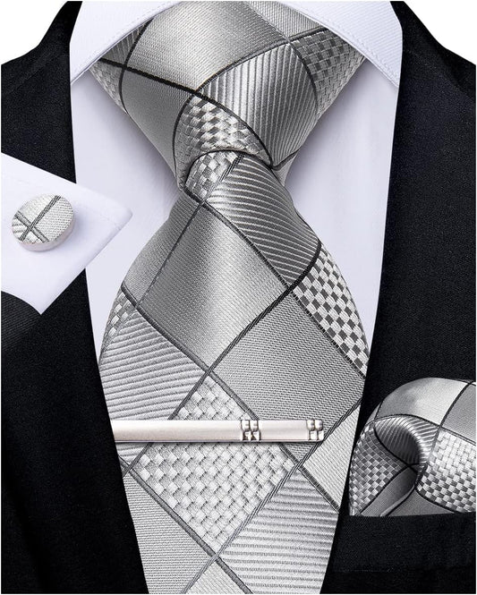 Plaid Ties for Men Silk Checkered Necktie and Pocket Square Cufflinks Tie Clip Set with Gift Box for Wedding Business