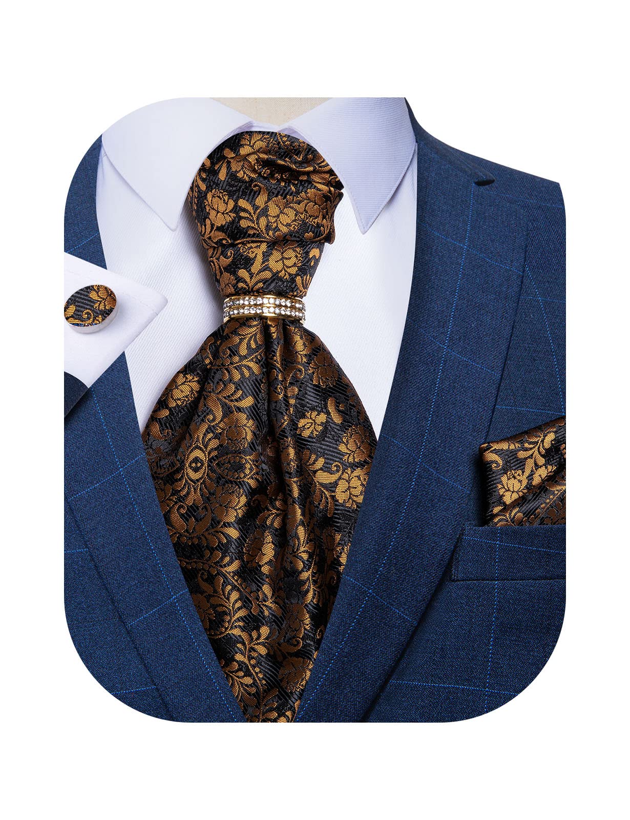 DiBanGu Paisley Ascot Ties for Men Silk Woven Cravat Tie and Pocket Square Cufflinks Set with Tie Ring for Wedding Party