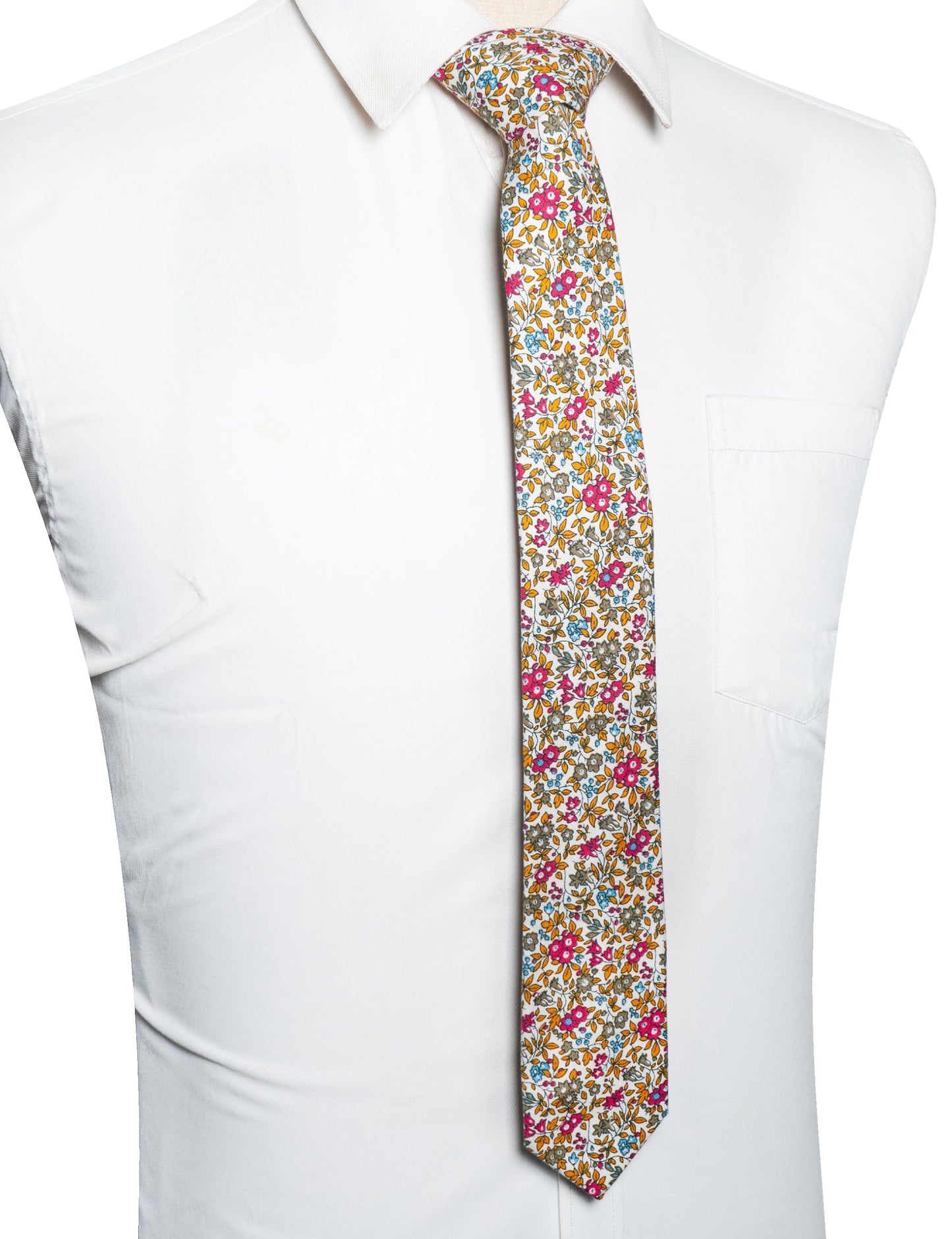 Cotton Floral Skinny Tie and Pocket Square With Tie Clip Set