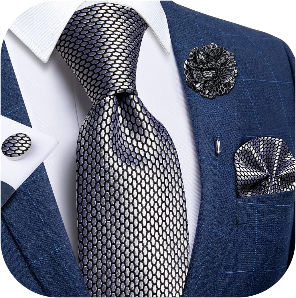 Silk Ties for Men Necktie and Lapel Pin Brooch Set Formal Woven Paisley Plaid Striped Solid Tie Wedding Party