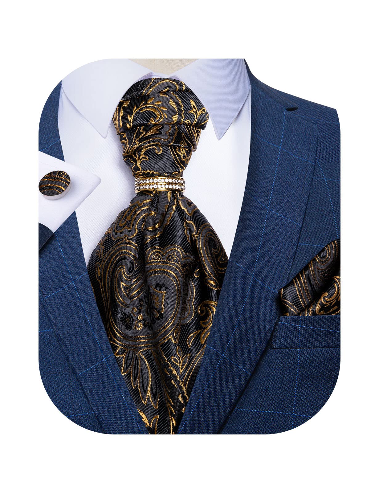 DiBanGu Paisley Ascot Ties for Men Silk Woven Cravat Tie and Pocket Square Cufflinks Set with Tie Ring for Wedding Party