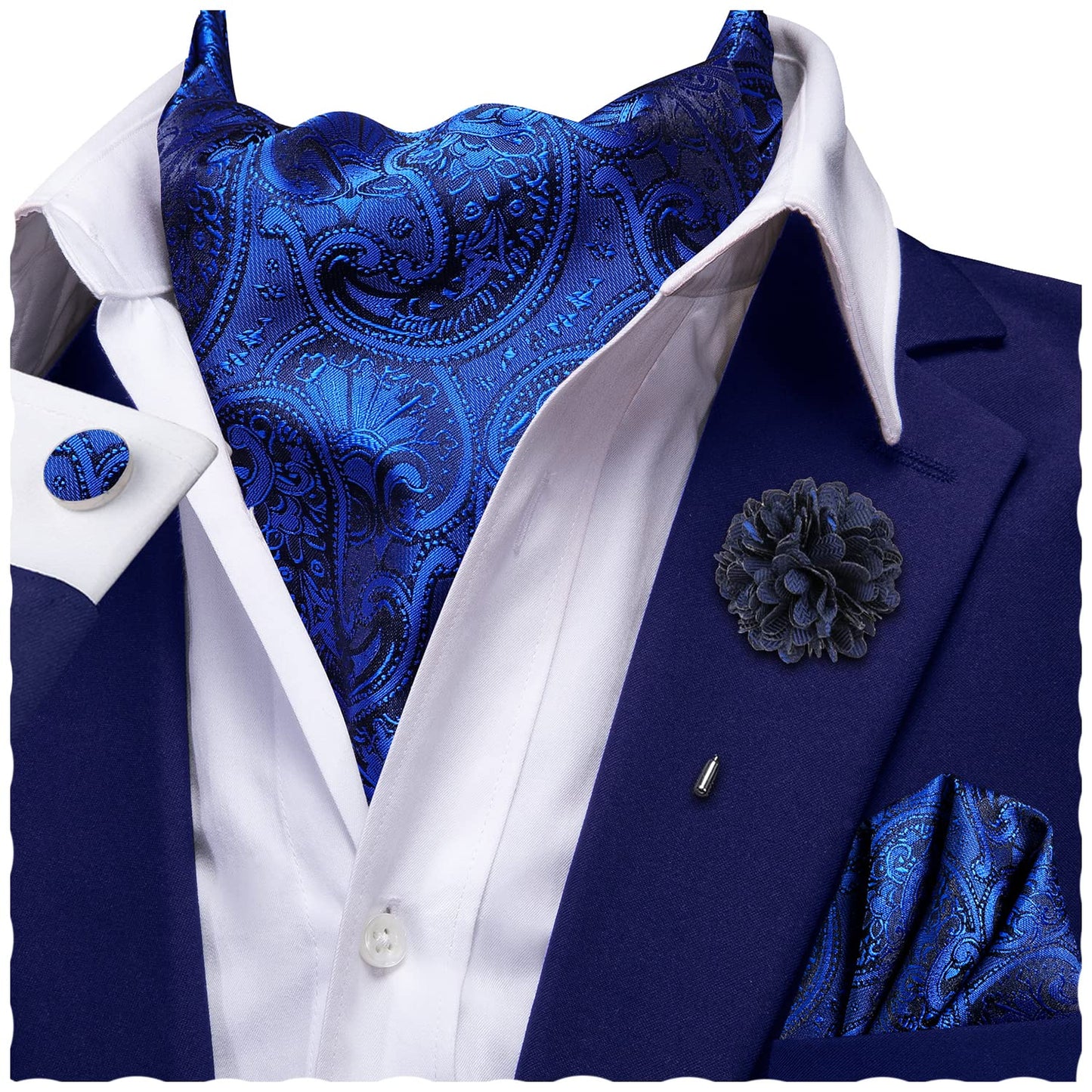 Ascot for Men Silk Cravat Handkerchief Cufflinks Lapel Pin Scarf Tie Sets Wedding Party Formal
