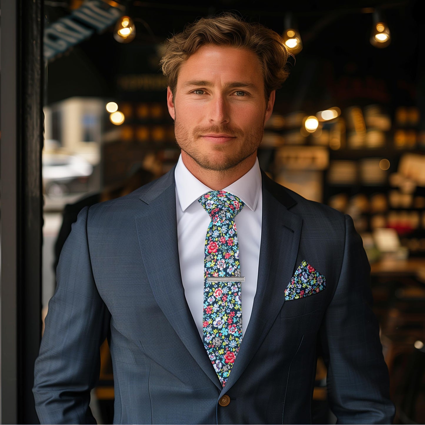 Cotton Floral Skinny Tie and Pocket Square With Tie Clip Set