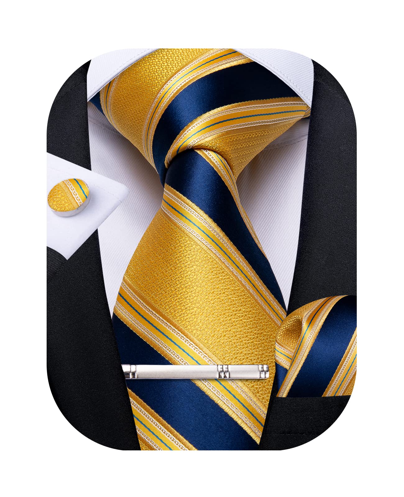 Mens Striped Tie Silk Woven Necktie and Pocket Square Cufflinks Tie Clip Set Wedding Business Formal Gift Tie for Men