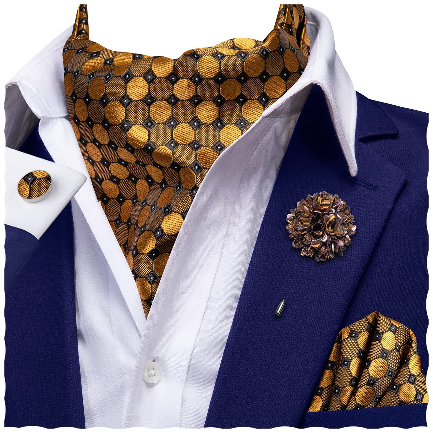 Ascot for Men Silk Cravat Handkerchief Cufflinks Lapel Pin Scarf Tie Sets Wedding Party Formal