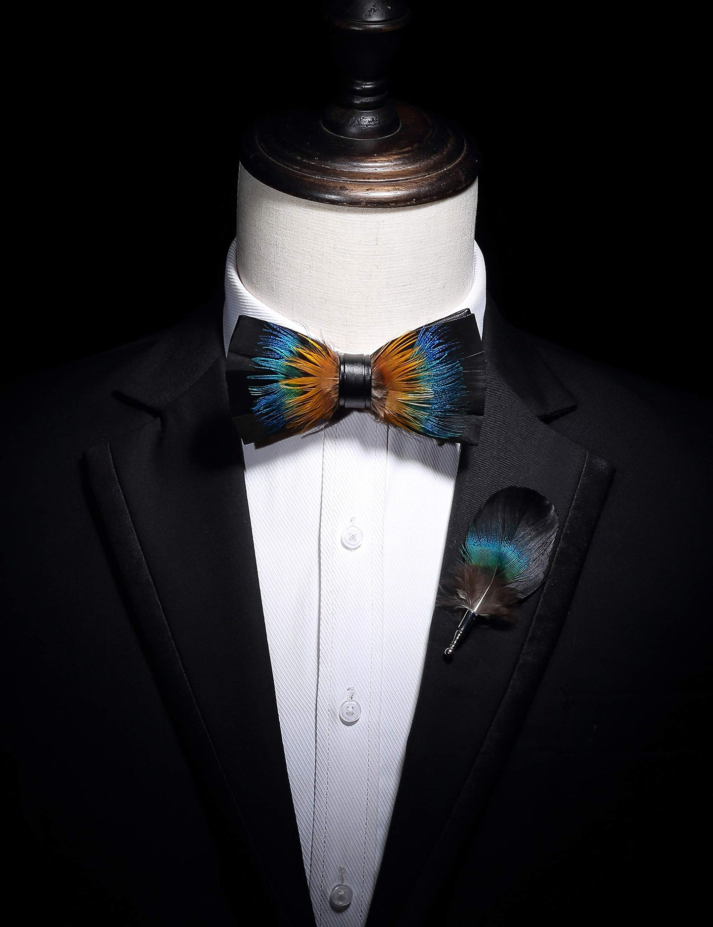 Handmade Feather Pre-tied Bow tie and Brooch Sets for Men