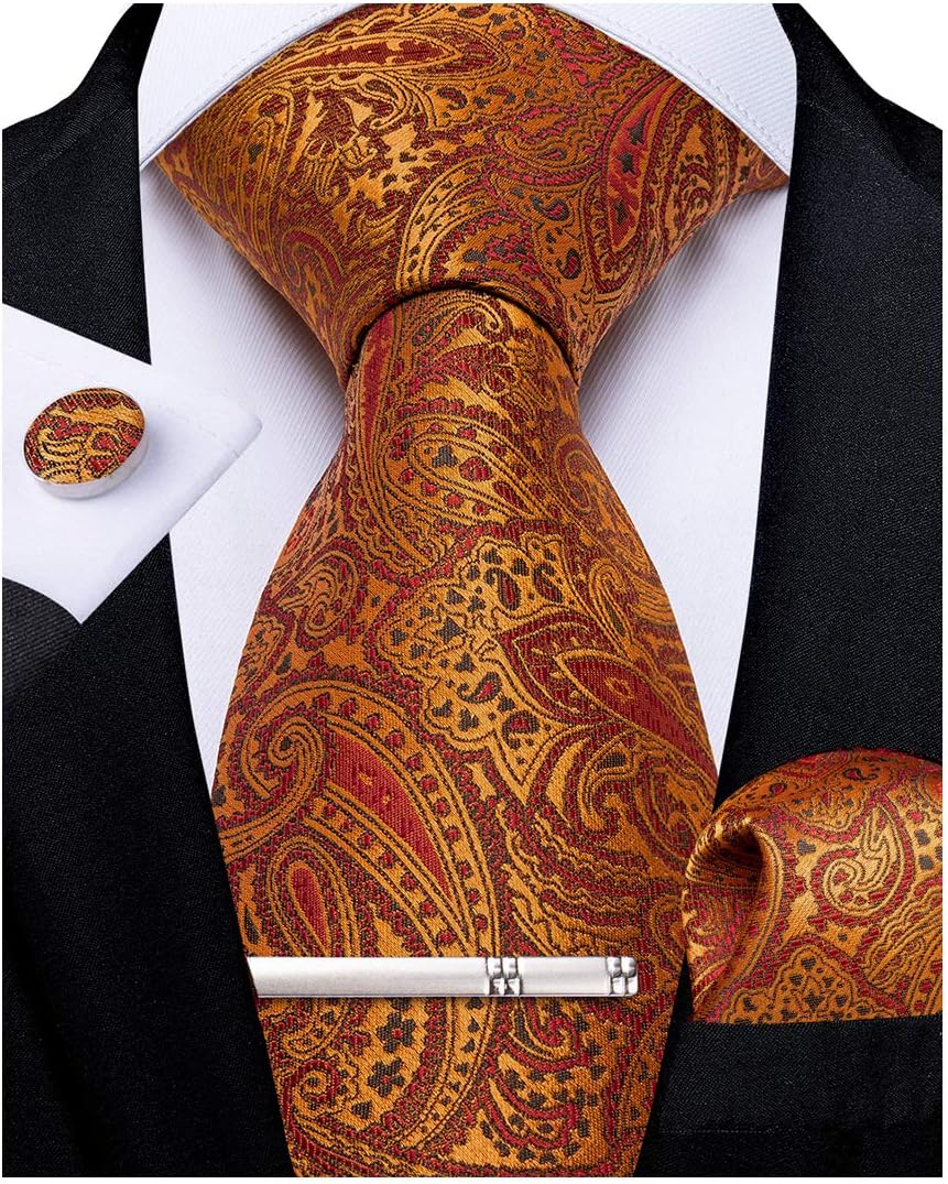 Paisley Ties for Men Silk Necktie and Pocket Square Cufflinks Tie Clip Set Woven Classic Mens Tie for Wedding Party