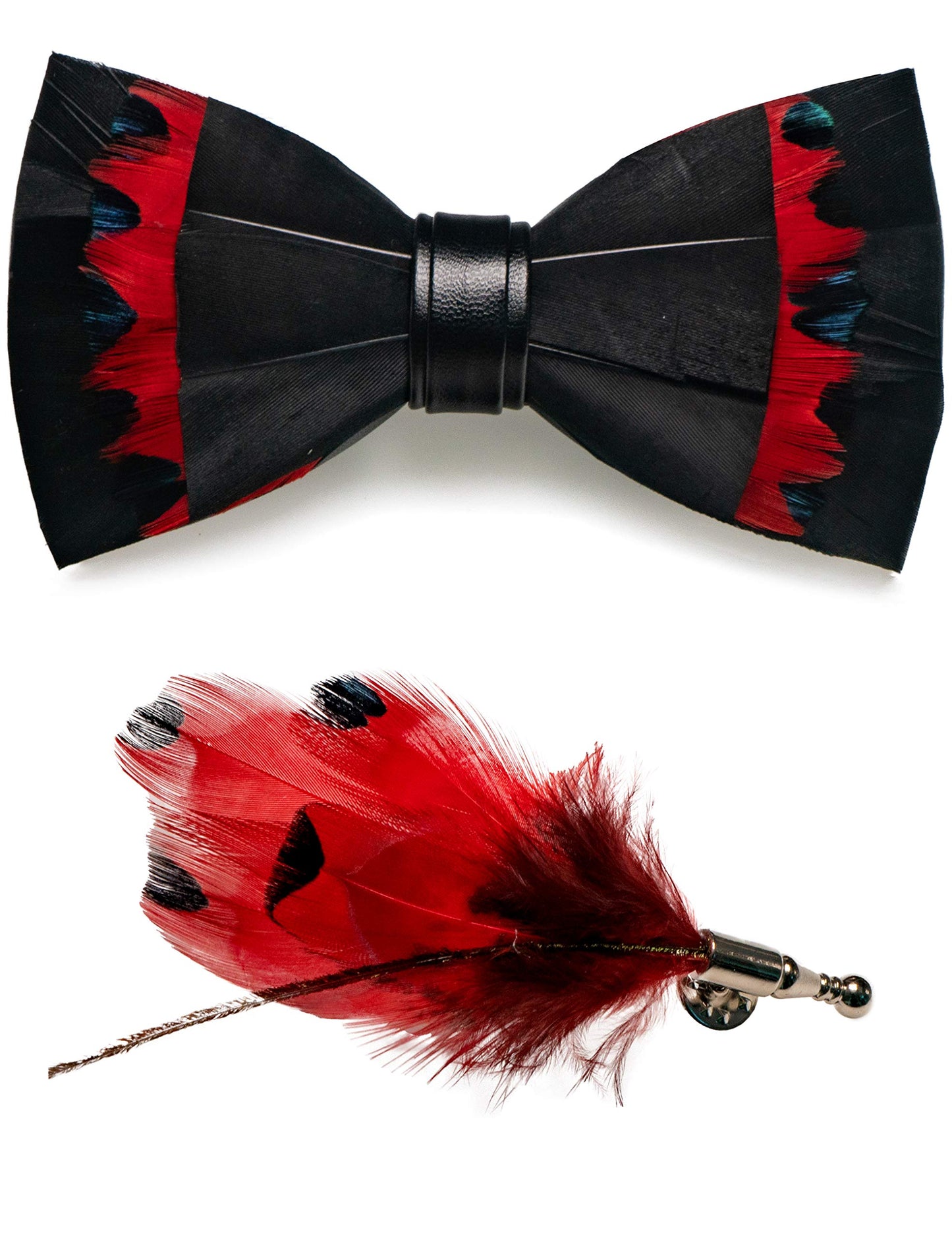 Handmade Feather Pre-tied Bow tie and Brooch Sets for Men