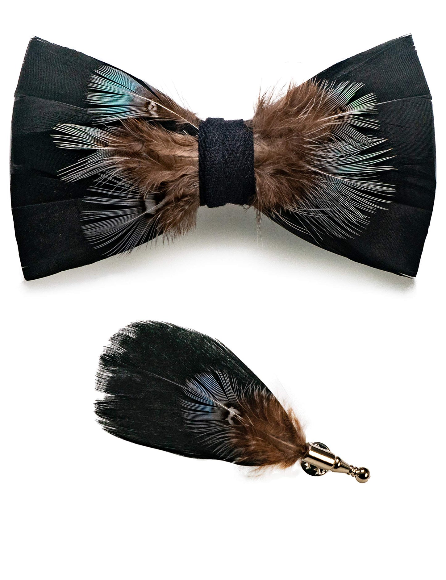 Handmade Feather Pre-tied Bow tie and Brooch Sets for Men