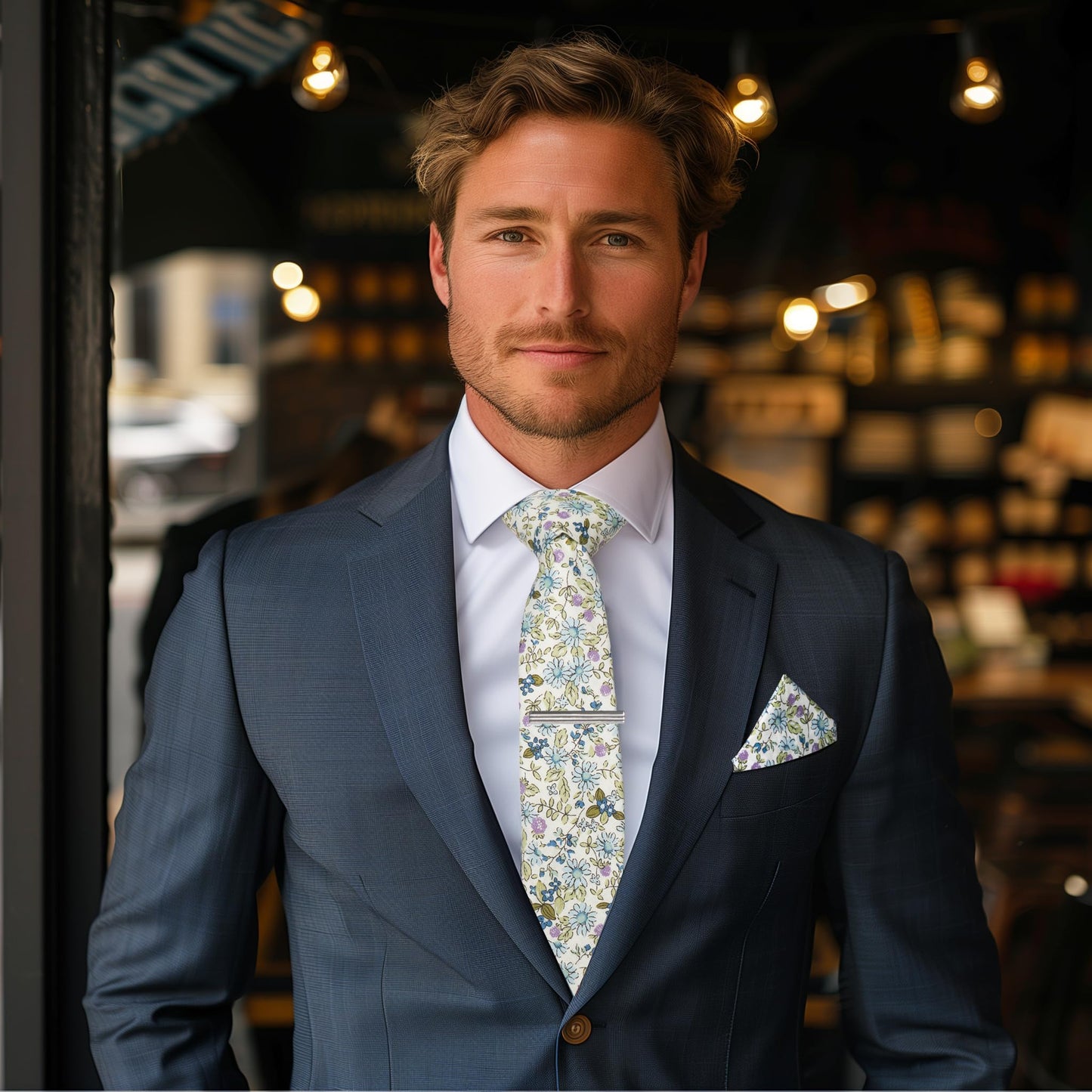 Cotton Floral Skinny Tie and Pocket Square With Tie Clip Set