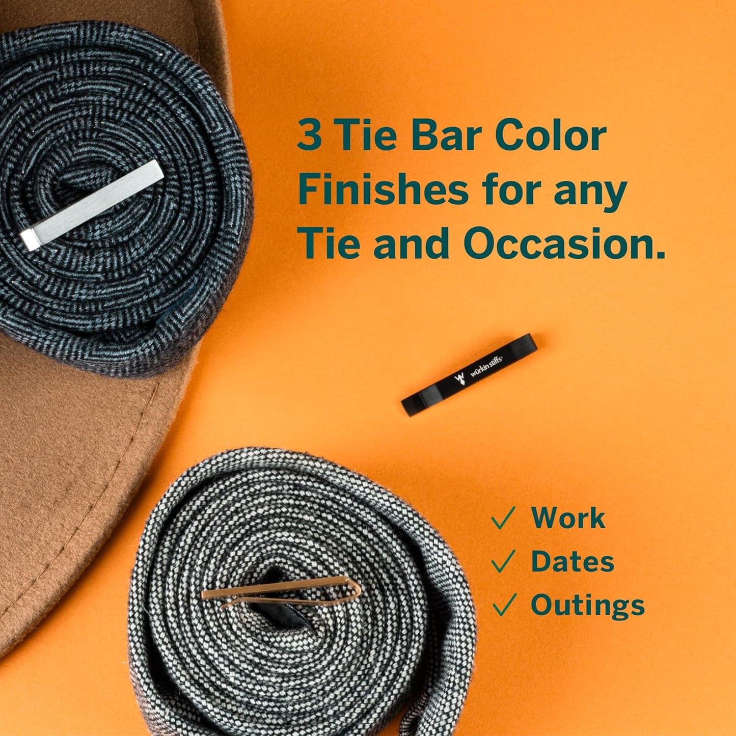 The Slim Tie Bar Clip Set by Würkin Stiffs | Set of 3 Brushed Finish Tie Clips | Includes (1) Gold, (1) Black, (1) Silver | Pack of 1.65” Long Necktie Clips | Gift for Men | As Seen on Shark Tank