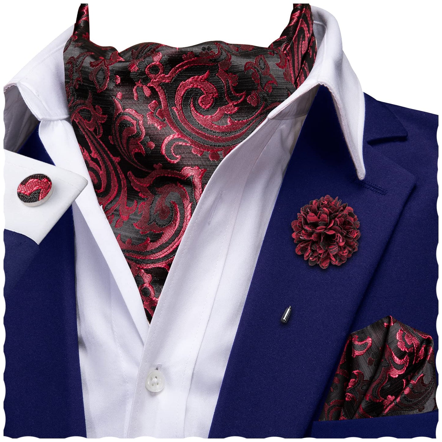 Ascot for Men Silk Cravat Handkerchief Cufflinks Lapel Pin Scarf Tie Sets Wedding Party Formal