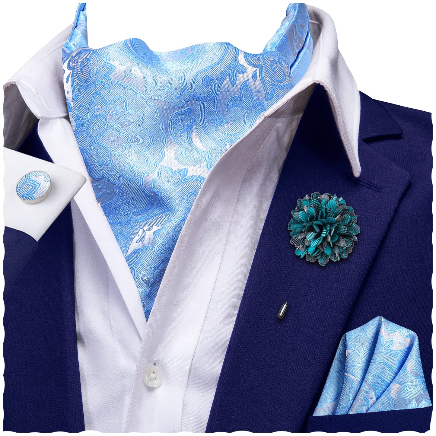 Ascot for Men Silk Cravat Handkerchief Cufflinks Lapel Pin Scarf Tie Sets Wedding Party Formal