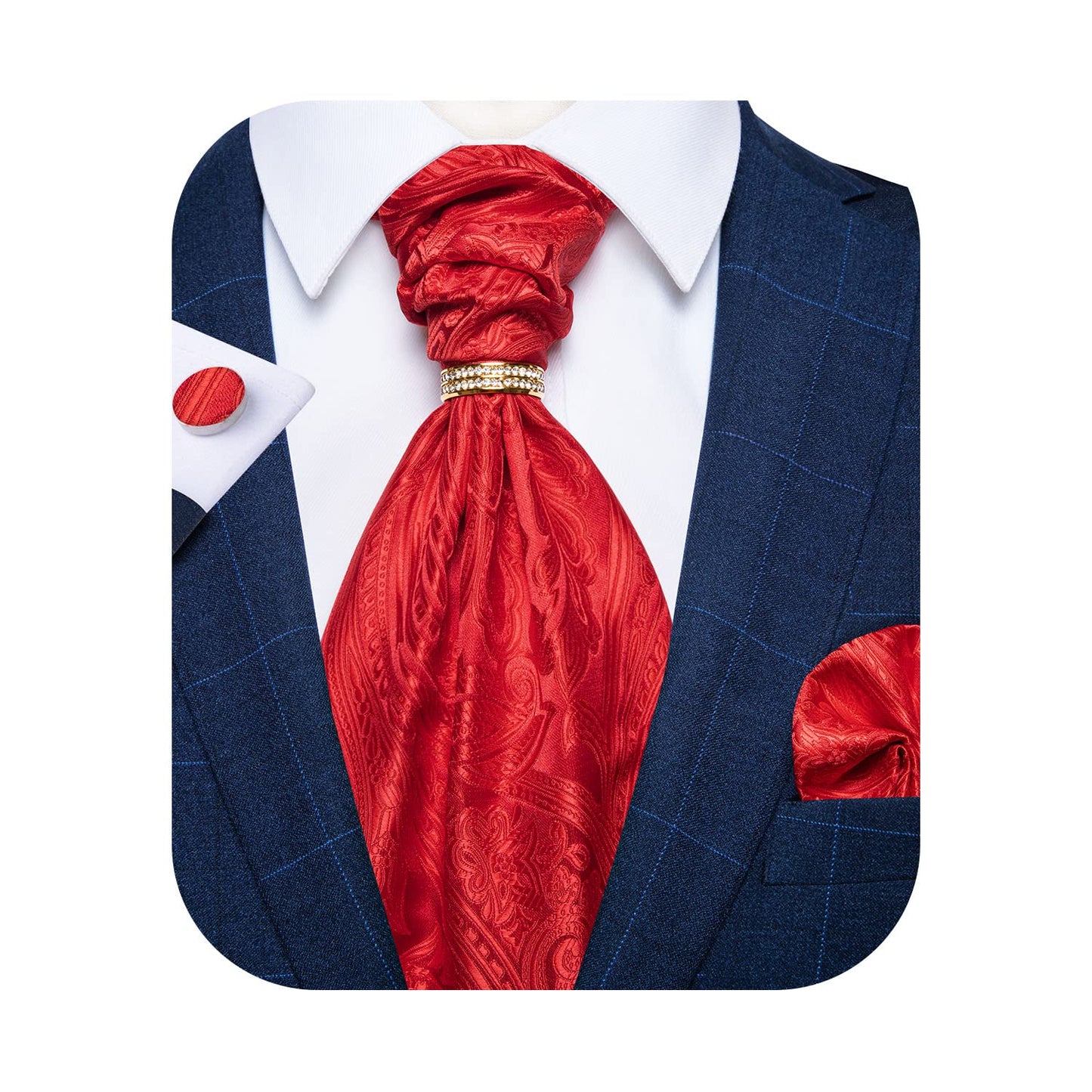 DiBanGu Paisley Ascot Ties for Men Silk Woven Cravat Tie and Pocket Square Cufflinks Set with Tie Ring for Wedding Party
