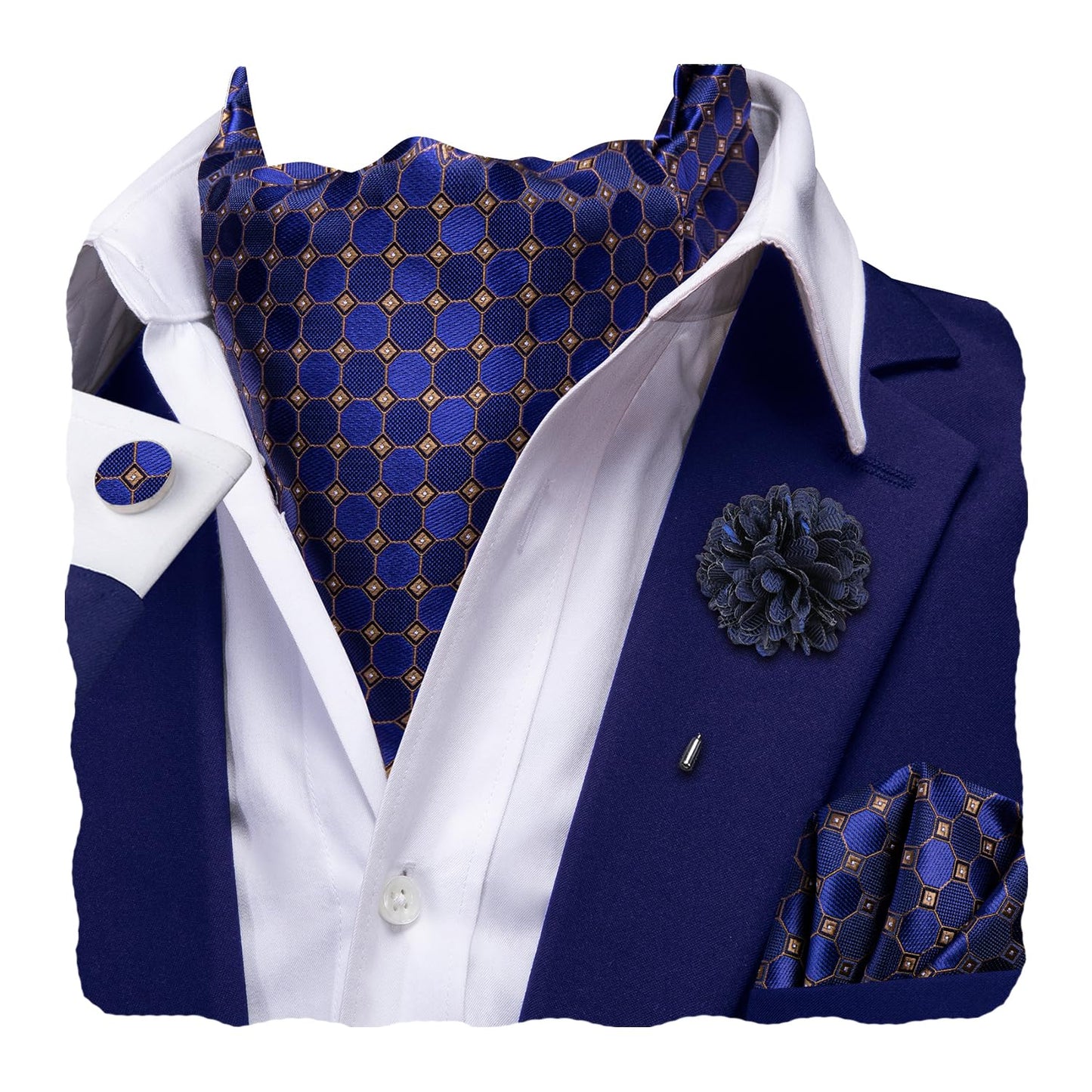 Silk Ascot for Men Self Tie Men's Cravat and Flower Lapel Pin Handkerchief Cufflinks Set for Wedding Party