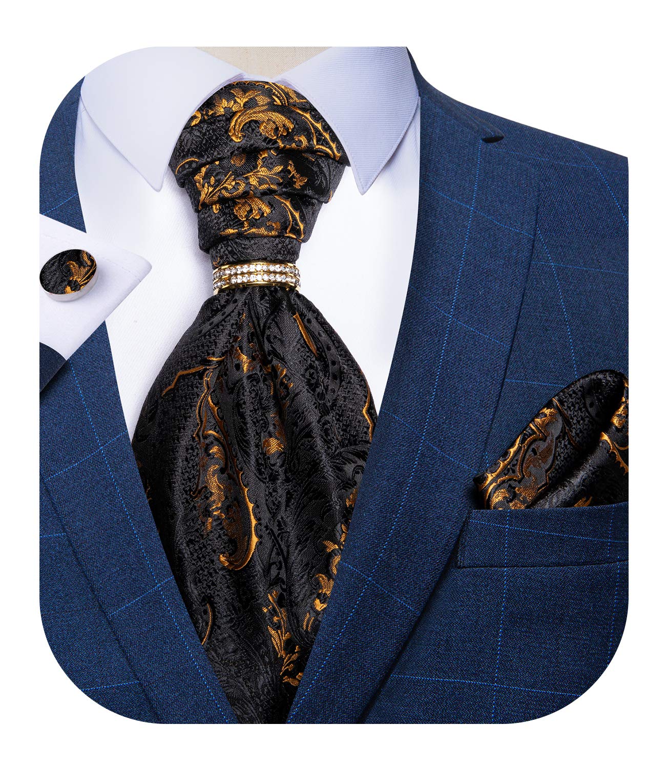 DiBanGu Paisley Ascot Ties for Men Silk Woven Cravat Tie and Pocket Square Cufflinks Set with Tie Ring for Wedding Party