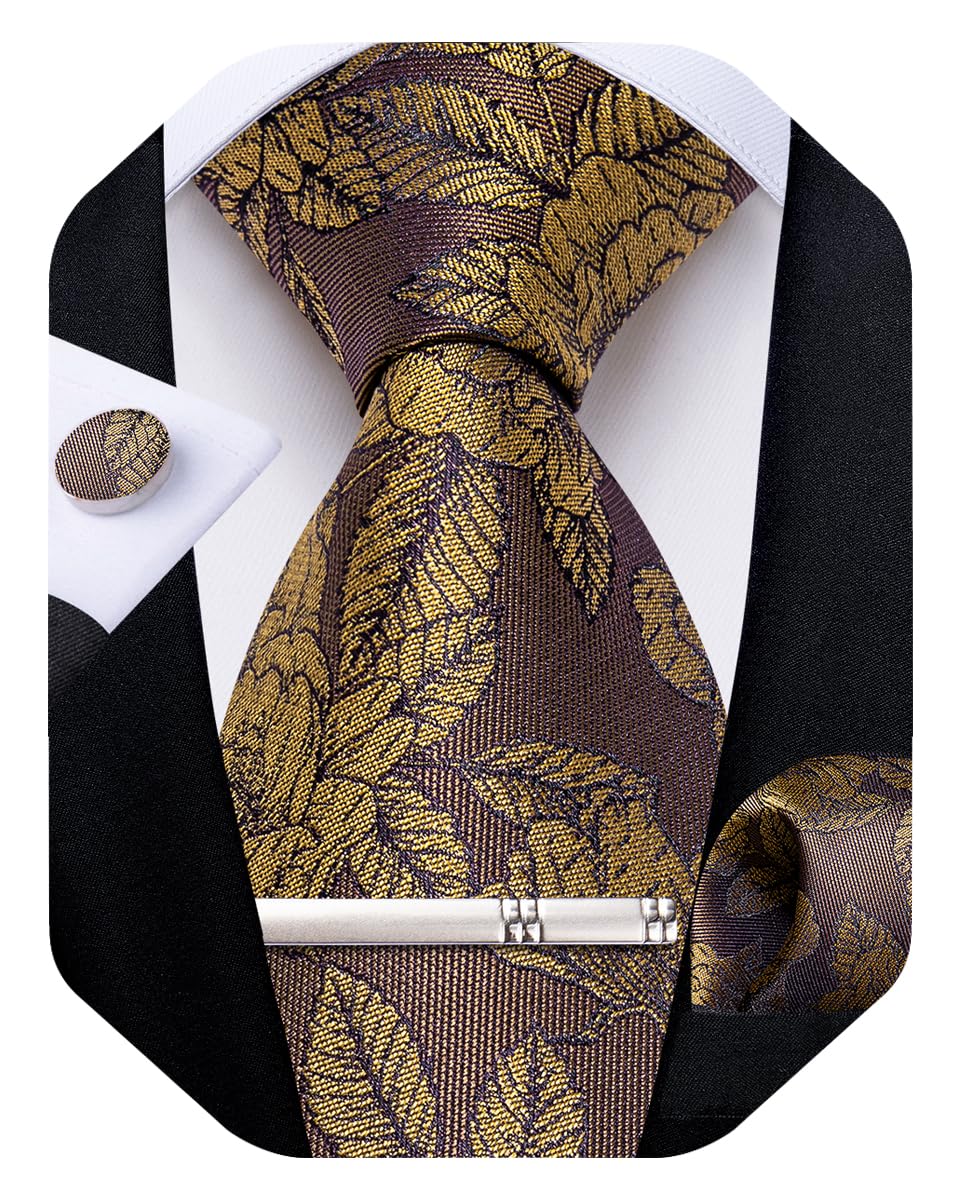 Silk Floral Ties for Men Woven Paisley Necktie and Tie Clip Handkerchief Cufflinks Set for Party Wedding