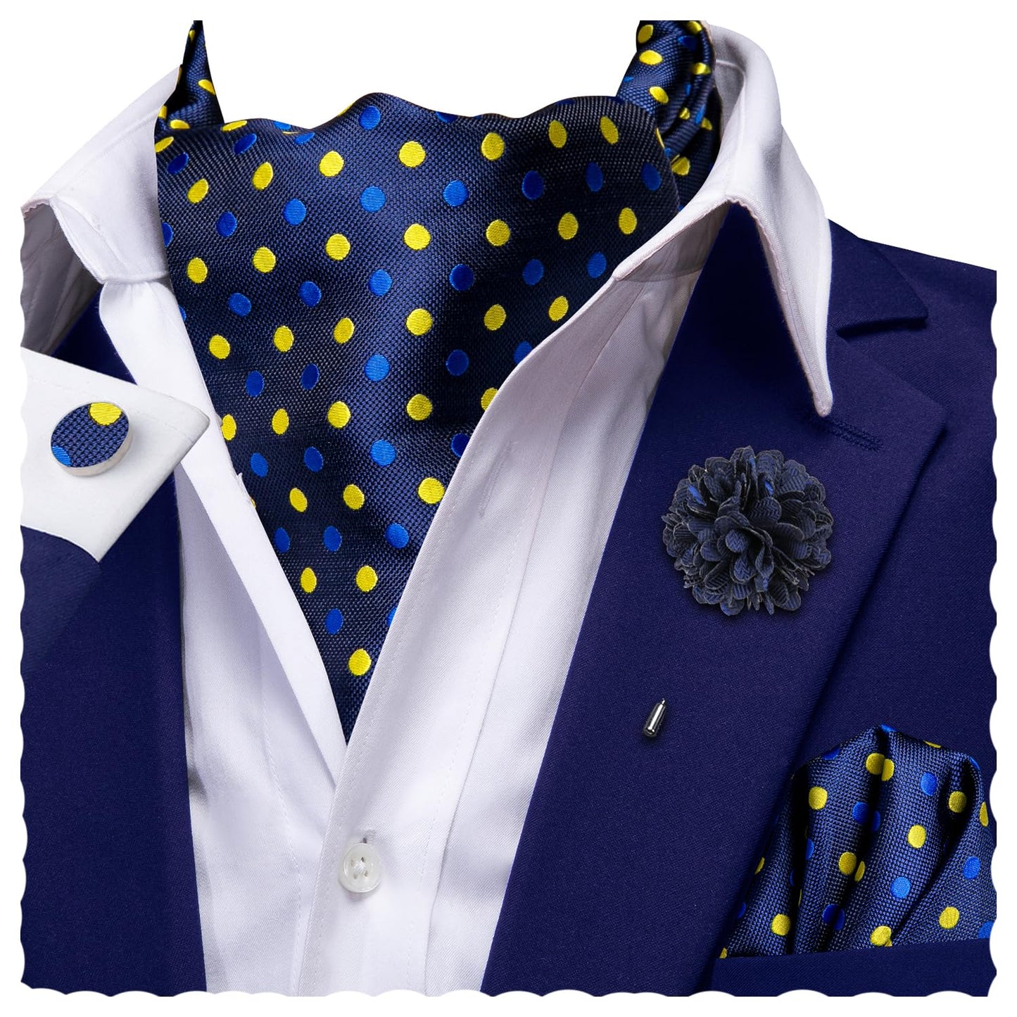 Ascot for Men Silk Cravat Handkerchief Cufflinks Lapel Pin Scarf Tie Sets Wedding Party Formal