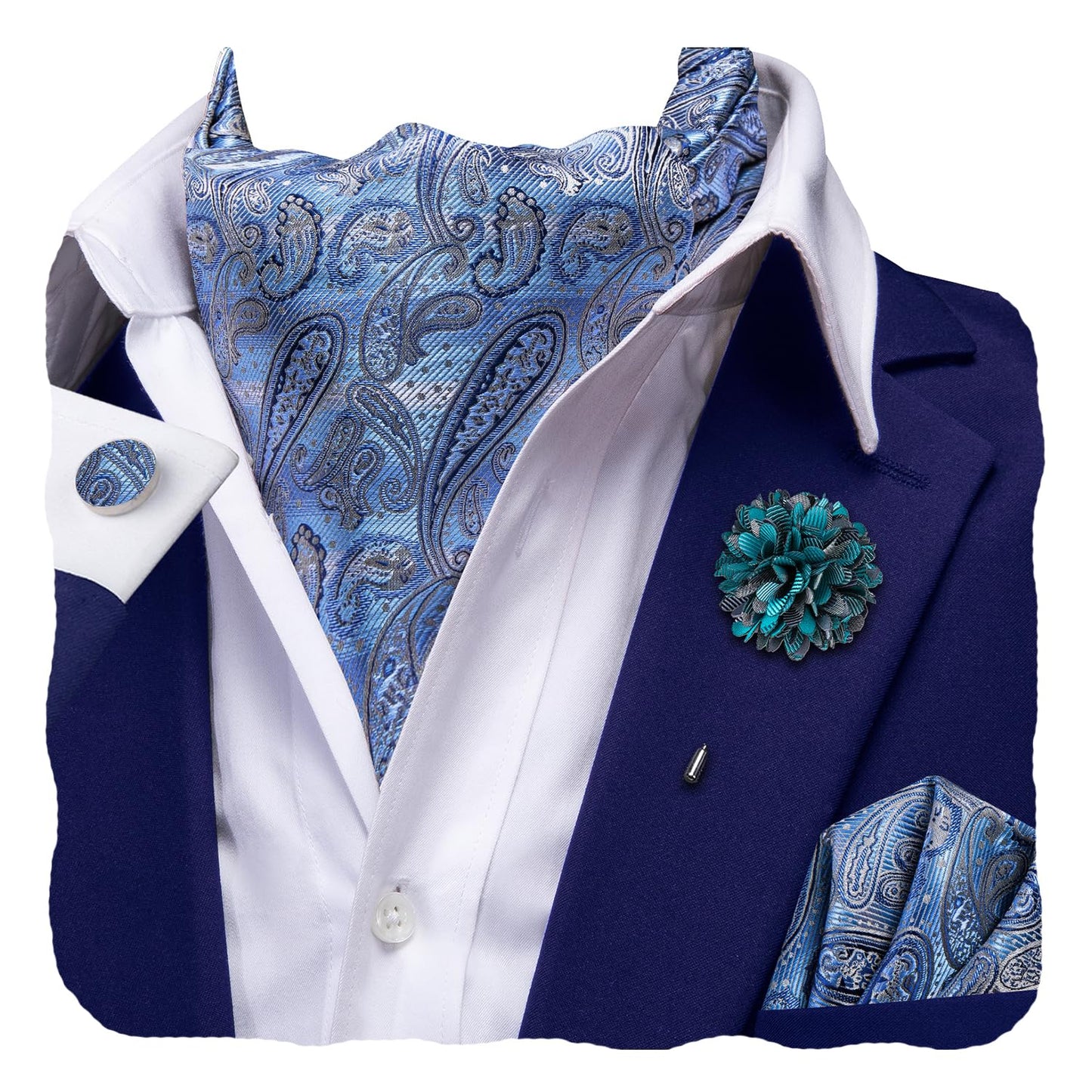 Silk Ascot for Men Self Tie Men's Cravat and Flower Lapel Pin Handkerchief Cufflinks Set for Wedding Party